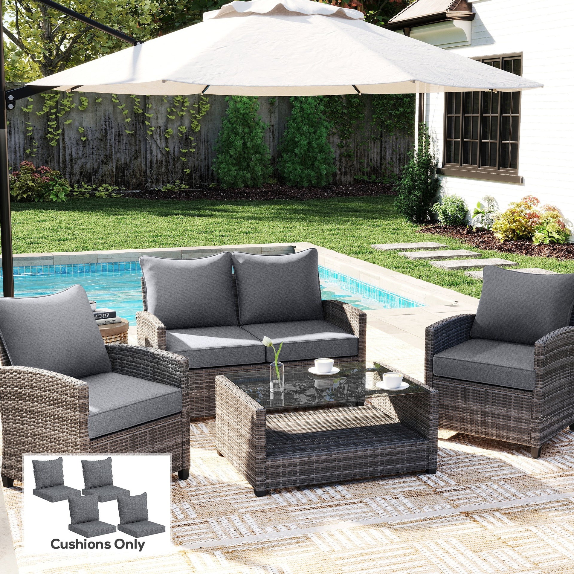 Outsunny Patio Chair Cushions Set of 4 with Seat & Backrest, Fade Resistant Seat Replacement Cushion Set, Gray