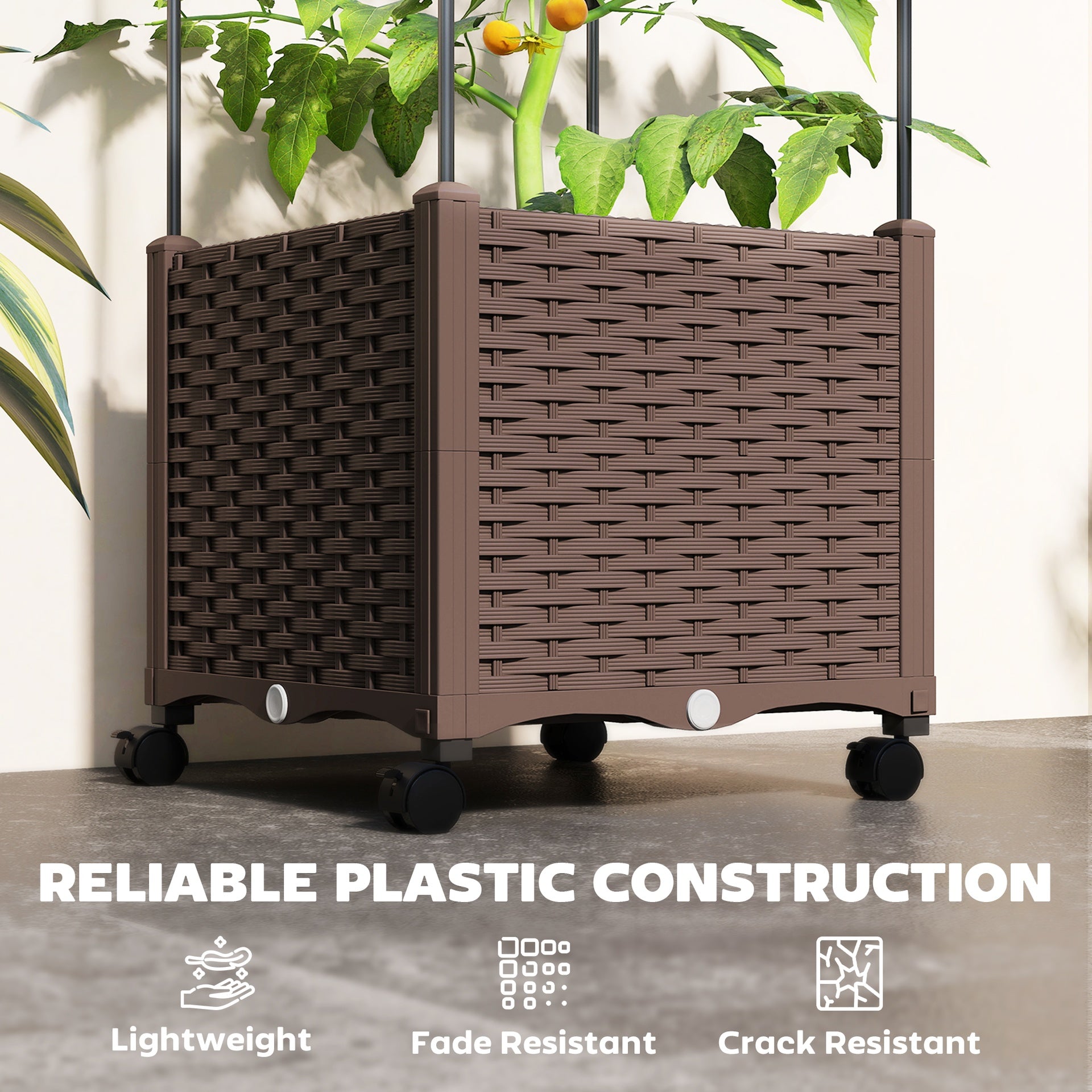Outsunny Raised Garden Bed with Trellis, Tomato Cage with Lockable Wheels, Self Watering Planter Box with Drainage Holes, Brown