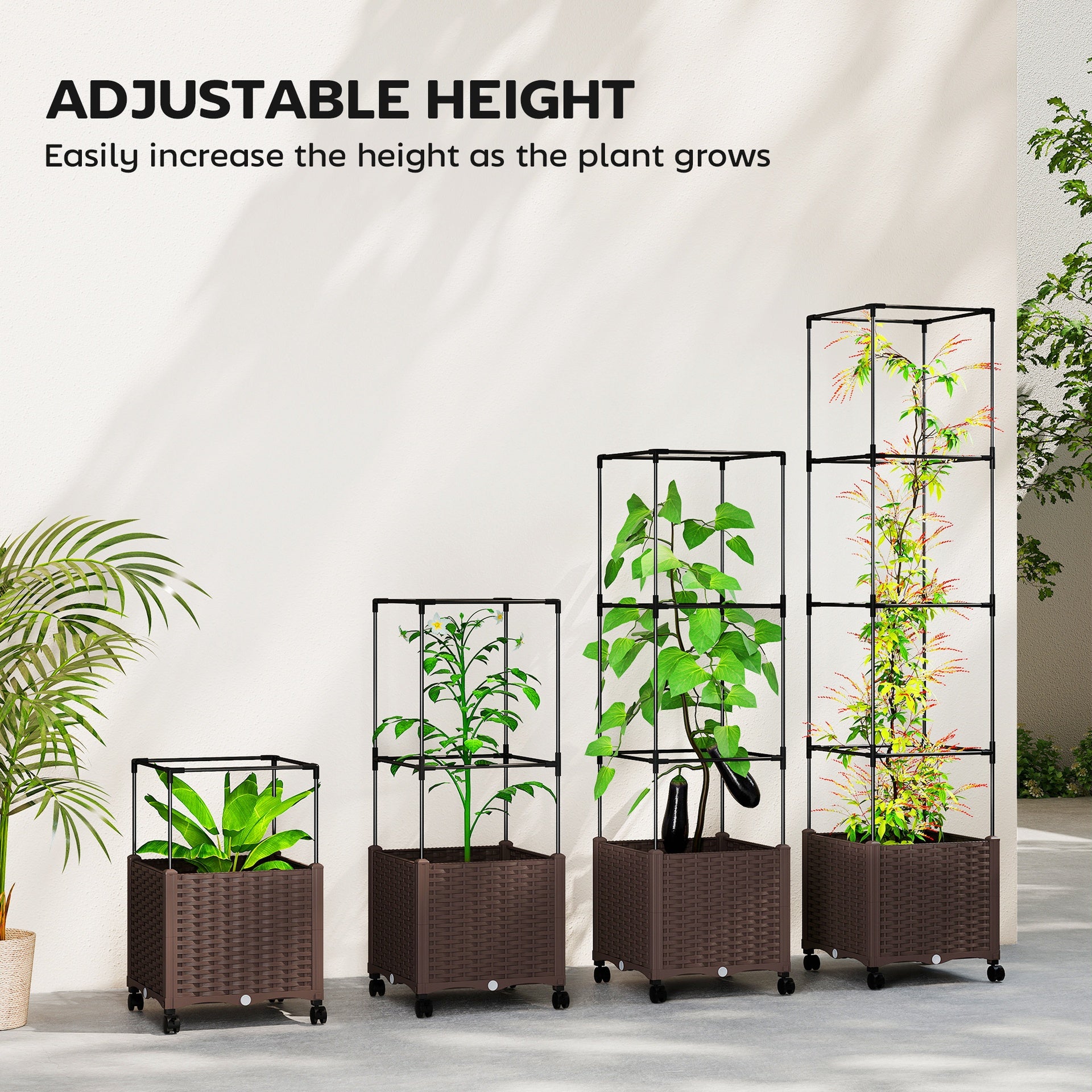 Outsunny Raised Garden Bed with Trellis, Tomato Cage with Lockable Wheels, Self Watering Planter Box with Drainage Holes, Brown