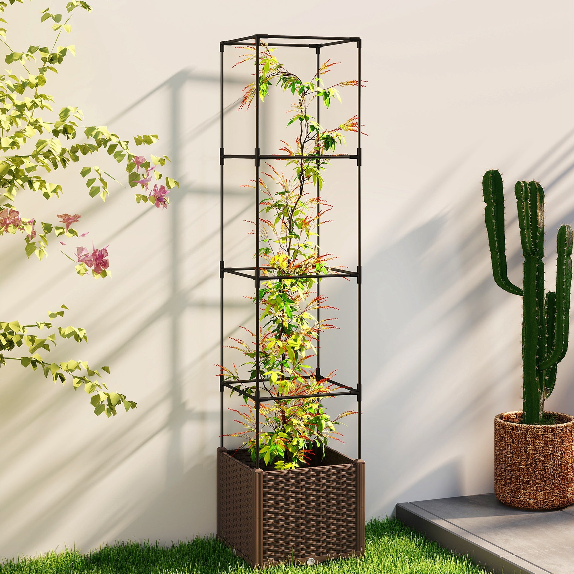 Outsunny Raised Garden Bed with Trellis, Tomato Cage with Lockable Wheels, Self Watering Planter Box with Drainage Holes, Brown