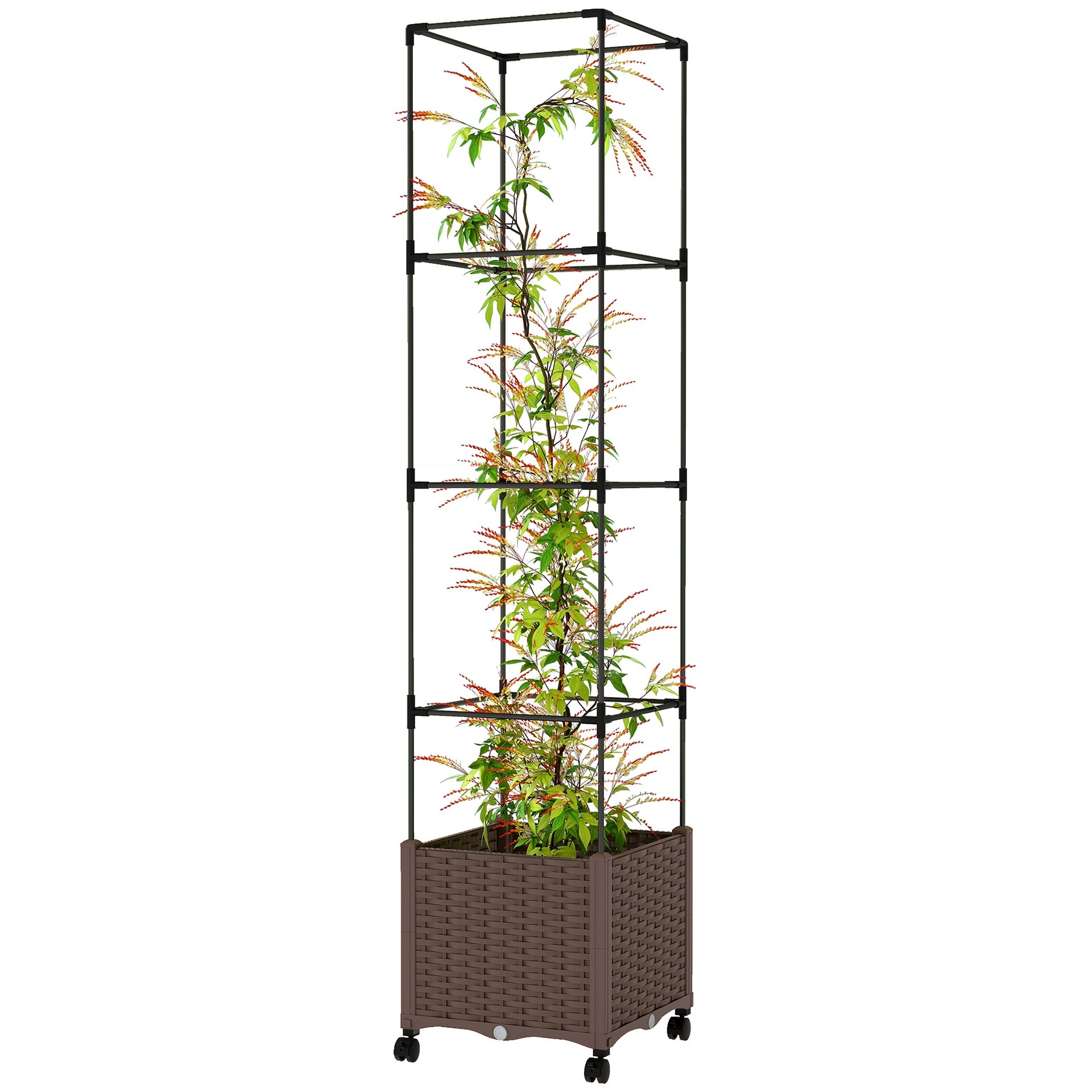 Outsunny Raised Garden Bed with Trellis, Tomato Cage with Lockable Wheels, Self Watering Planter Box with Drainage Holes, Brown