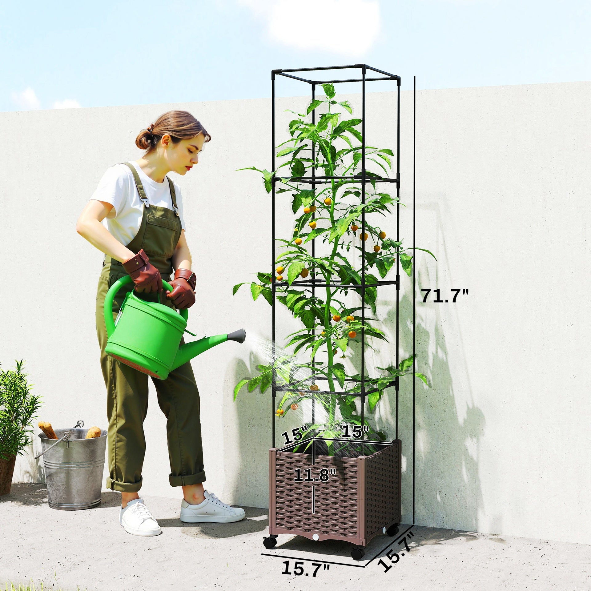 Outsunny Raised Garden Bed with Trellis, Tomato Cage with Lockable Wheels, Self Watering Planter Box with Drainage Holes, Brown