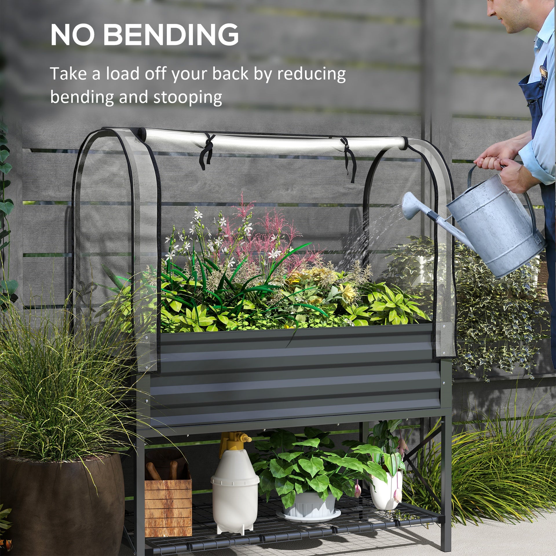 Outsunny Raised Garden Bed with Legs and Cover, Metal Elevated Planter Box with Bottom Shelf and Liner for Vegetables, Dark Gray