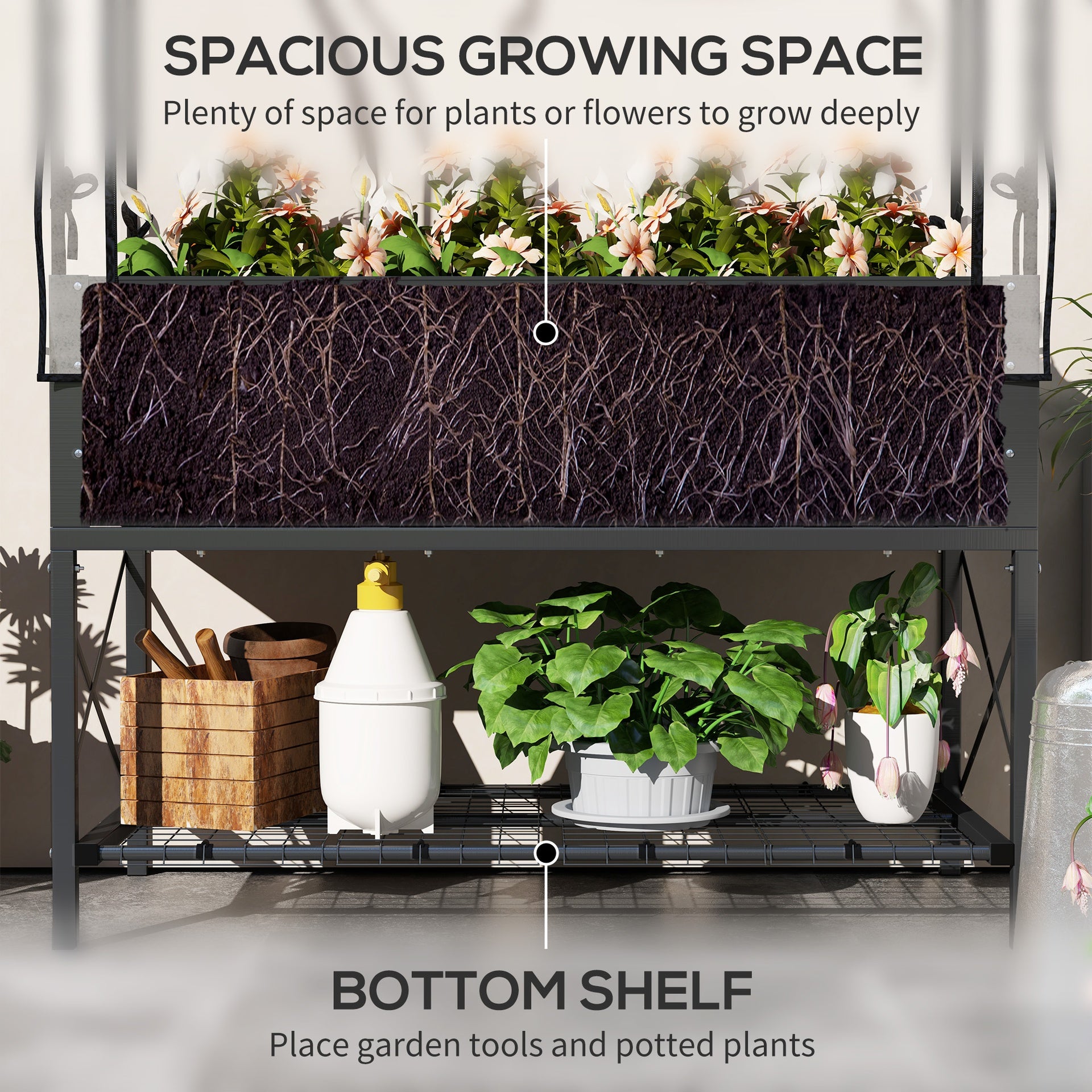 Outsunny Raised Garden Bed with Legs and Cover, Metal Elevated Planter Box with Bottom Shelf and Liner for Vegetables, Dark Gray