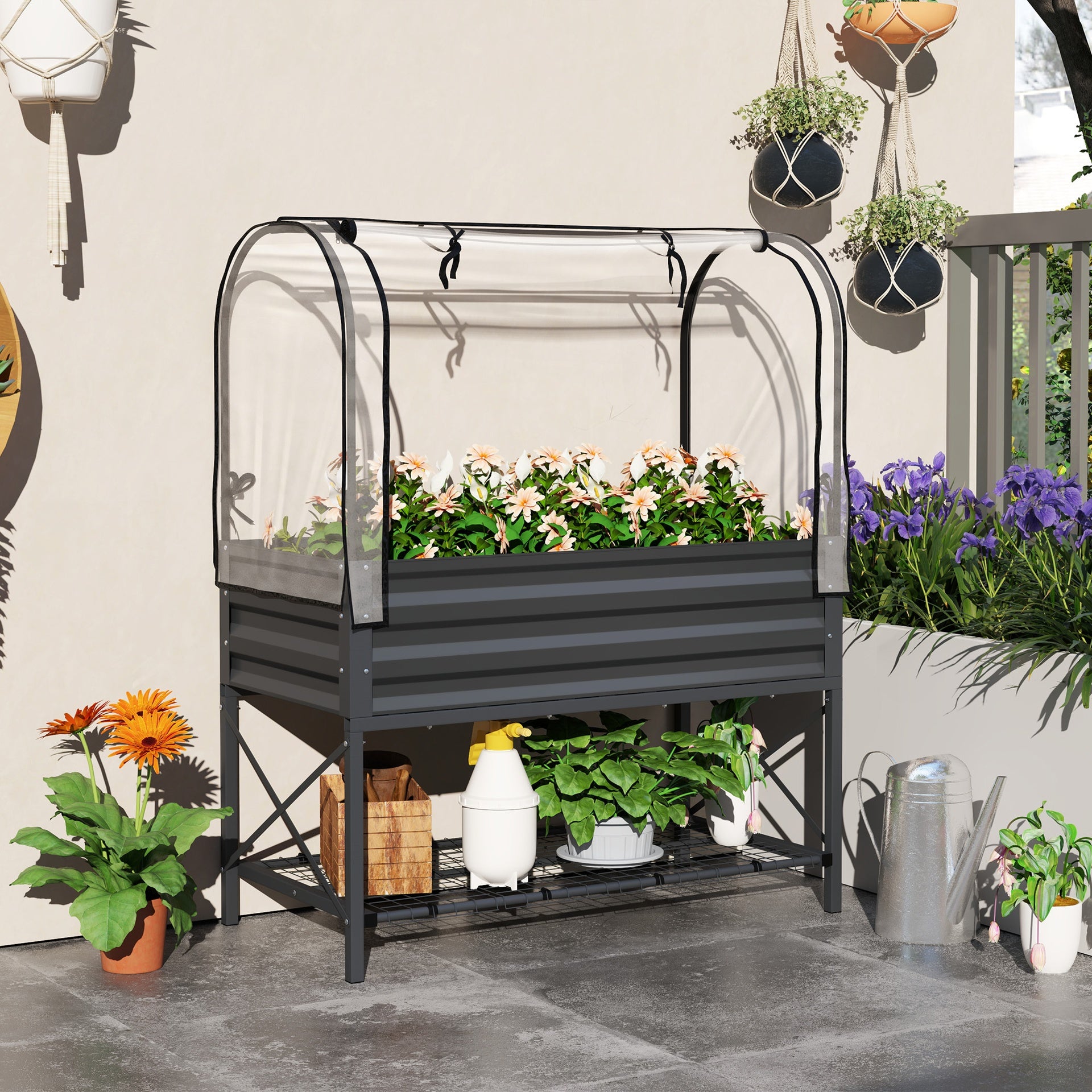 Outsunny Raised Garden Bed with Legs and Cover, Metal Elevated Planter Box with Bottom Shelf and Liner for Vegetables, Dark Gray