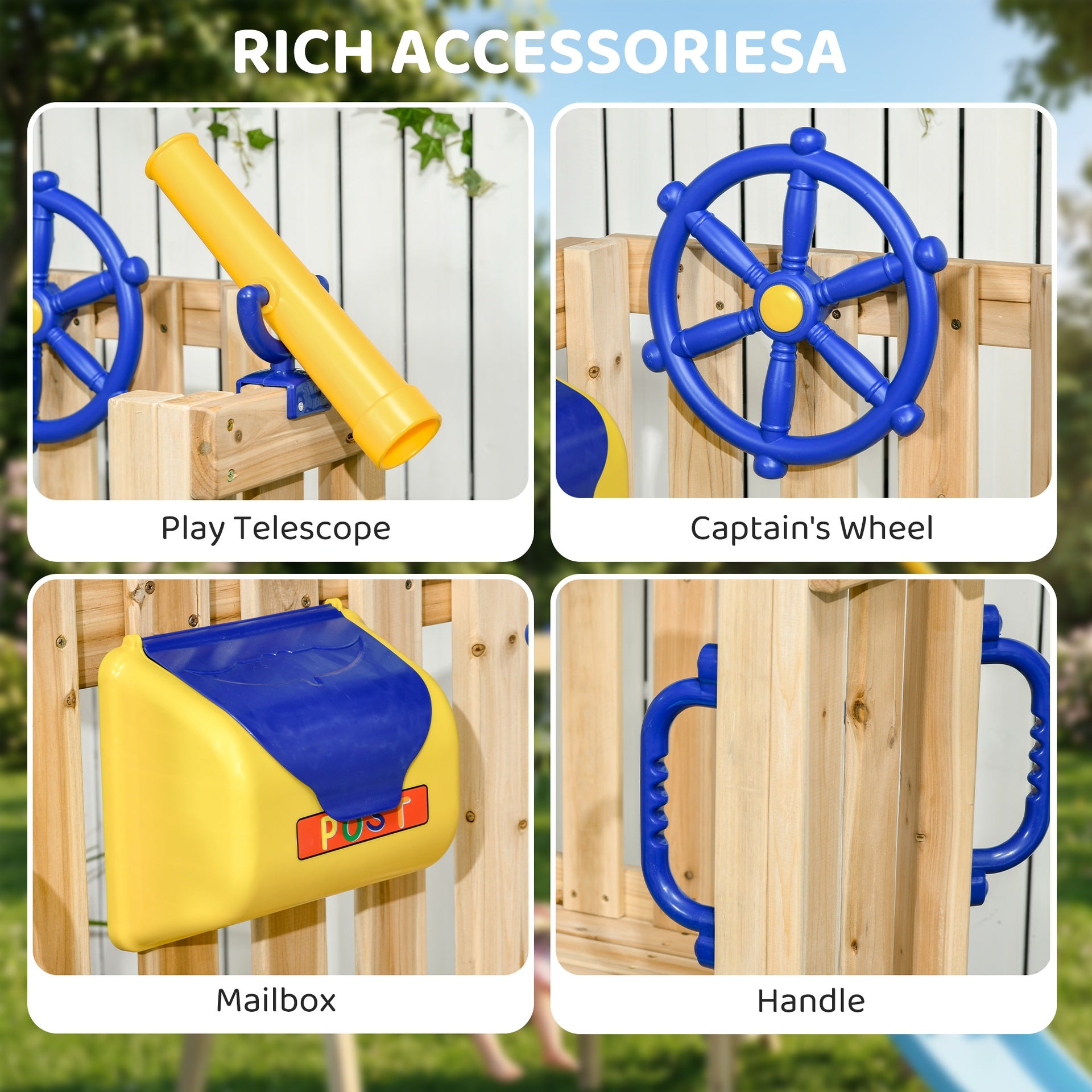 Outsunny Swing Set for Backyard, Wooden Toddler Outdoor Playset with Baby Swing Seat, Kids Slide, Fort, Playground Equipment with Captain's Wheel, Telescope for Ages 1.5-4, Natural