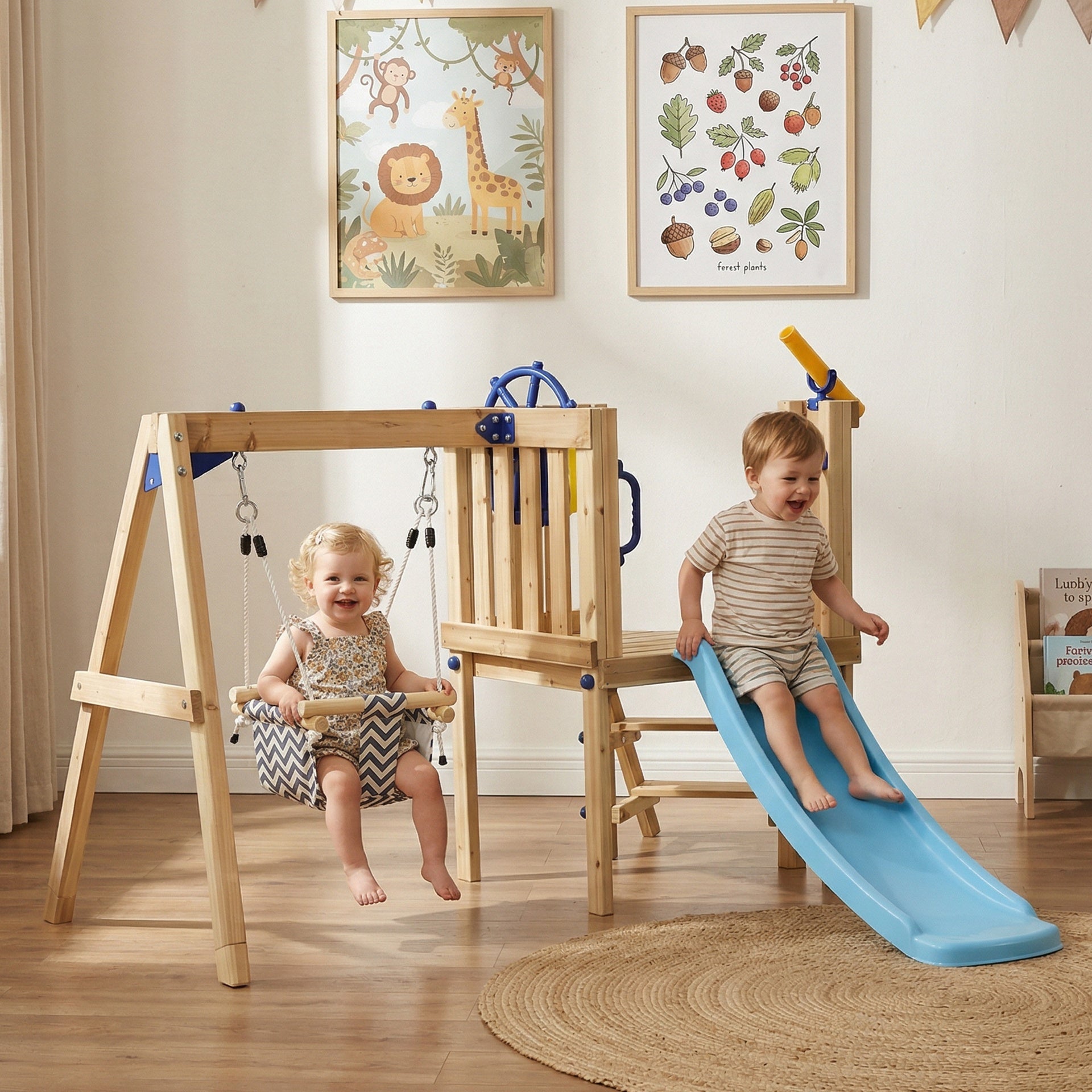 Outsunny Swing Set for Backyard, Wooden Toddler Outdoor Playset with Baby Swing Seat, Kids Slide, Fort, Playground Equipment with Captain's Wheel, Telescope for Ages 1.5-4, Natural