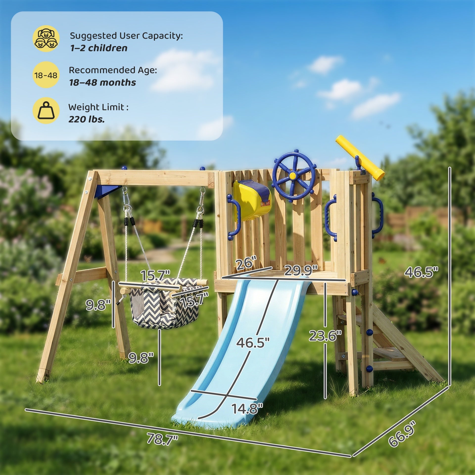 Outsunny Swing Set for Backyard, Wooden Toddler Outdoor Playset with Baby Swing Seat, Kids Slide, Fort, Playground Equipment with Captain's Wheel, Telescope for Ages 1.5-4, Natural