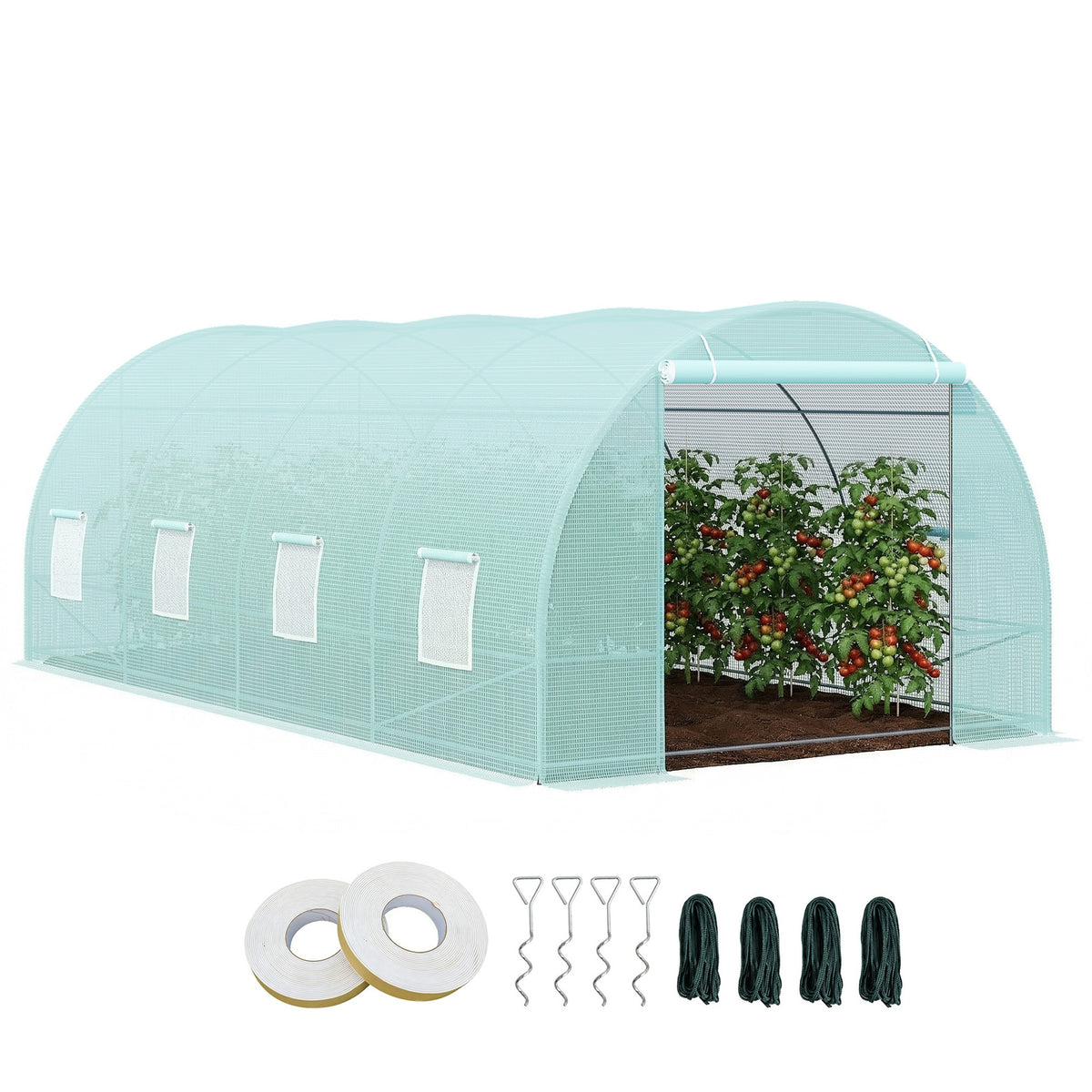 Outsunny 20' x 10' x 7' Walk-In Tunnel Greenhouse with Zippered Door & 8 Mesh Windows, Large Garden Green House Kit, Galvanized Steel Frame, Green