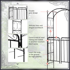 Outsunny 84" Garden Arch Arbor with Gate, Metal Arch Trellis, Garden Archway for Climbing Vines, Wedding Ceremony Decoration, Flourishes & Arrow Tips, Black