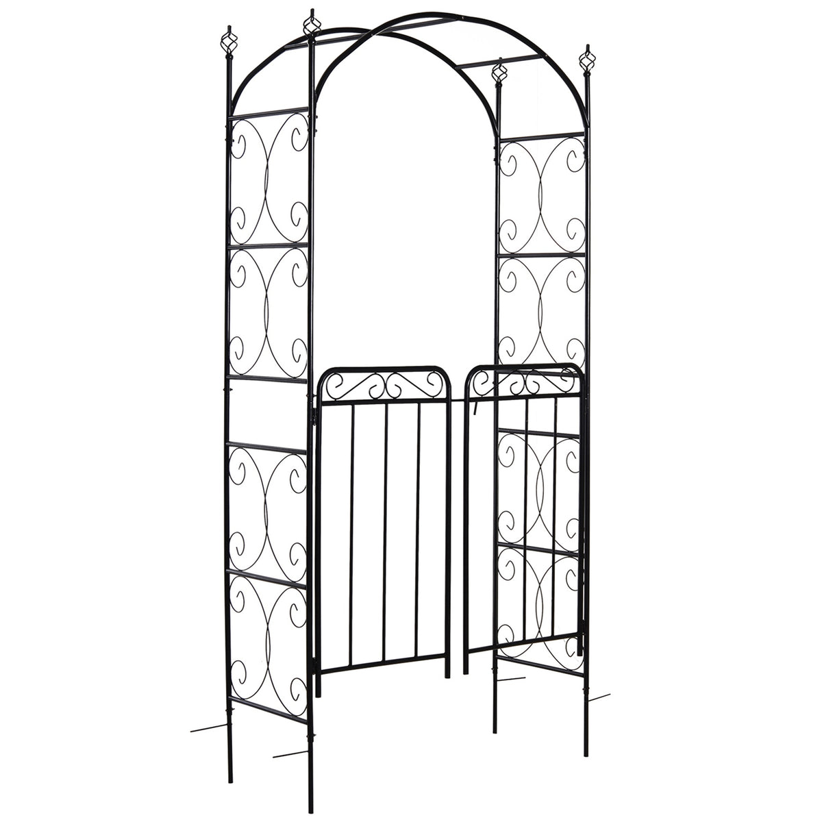 Outsunny 84" Garden Arch Arbor with Gate, Metal Arch Trellis, Garden Archway for Climbing Vines, Wedding Ceremony Decoration, Flourishes & Arrow Tips, Black
