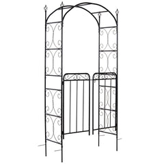 Outsunny 84" Garden Arch Arbor with Gate, Metal Arch Trellis, Garden Archway for Climbing Vines, Wedding Ceremony Decoration, Flourishes & Arrow Tips, Black