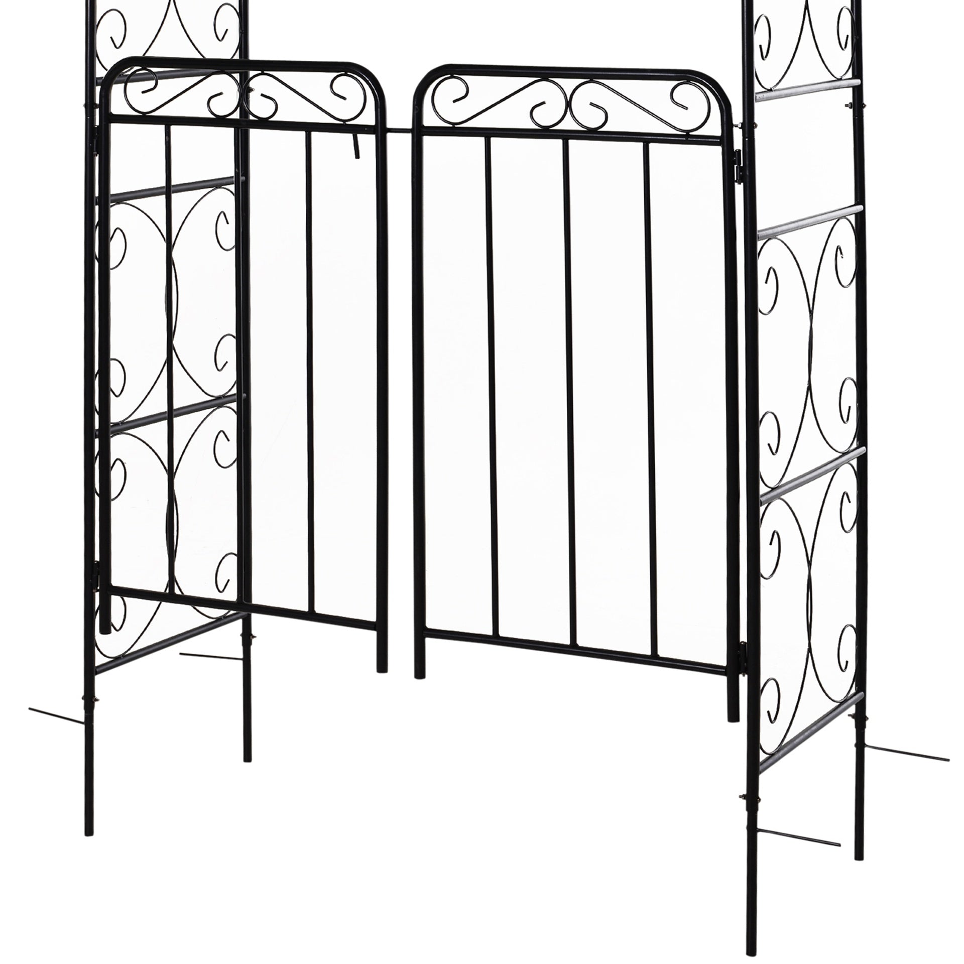 Outsunny 84" Garden Arch Arbor with Gate, Metal Arch Trellis, Garden Archway for Climbing Vines, Wedding Ceremony Decoration, Flourishes & Arrow Tips, Black