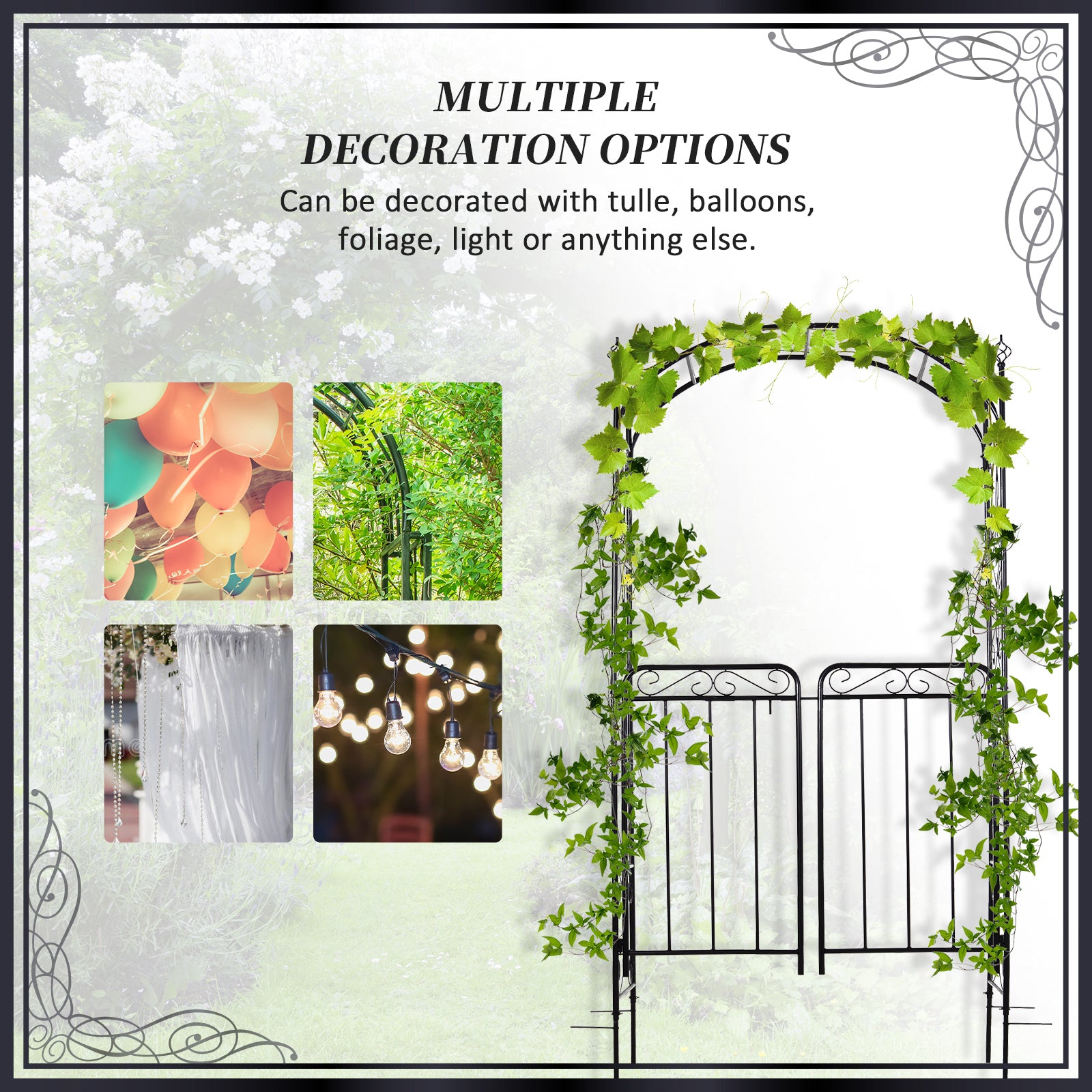 Outsunny 84" Garden Arch Arbor with Gate, Metal Arch Trellis, Garden Archway for Climbing Vines, Wedding Ceremony Decoration, Flourishes & Arrow Tips, Black