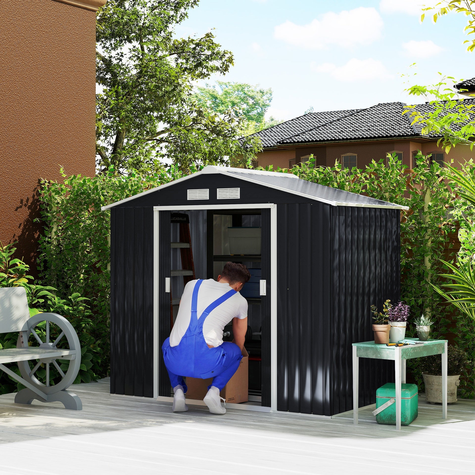 Outsunny 7'x4' Metal Outdoor Shed Organizer & Garden Storage with 4 Vents for Airflow & 2 Easy Sliding Doors - Dark Gray