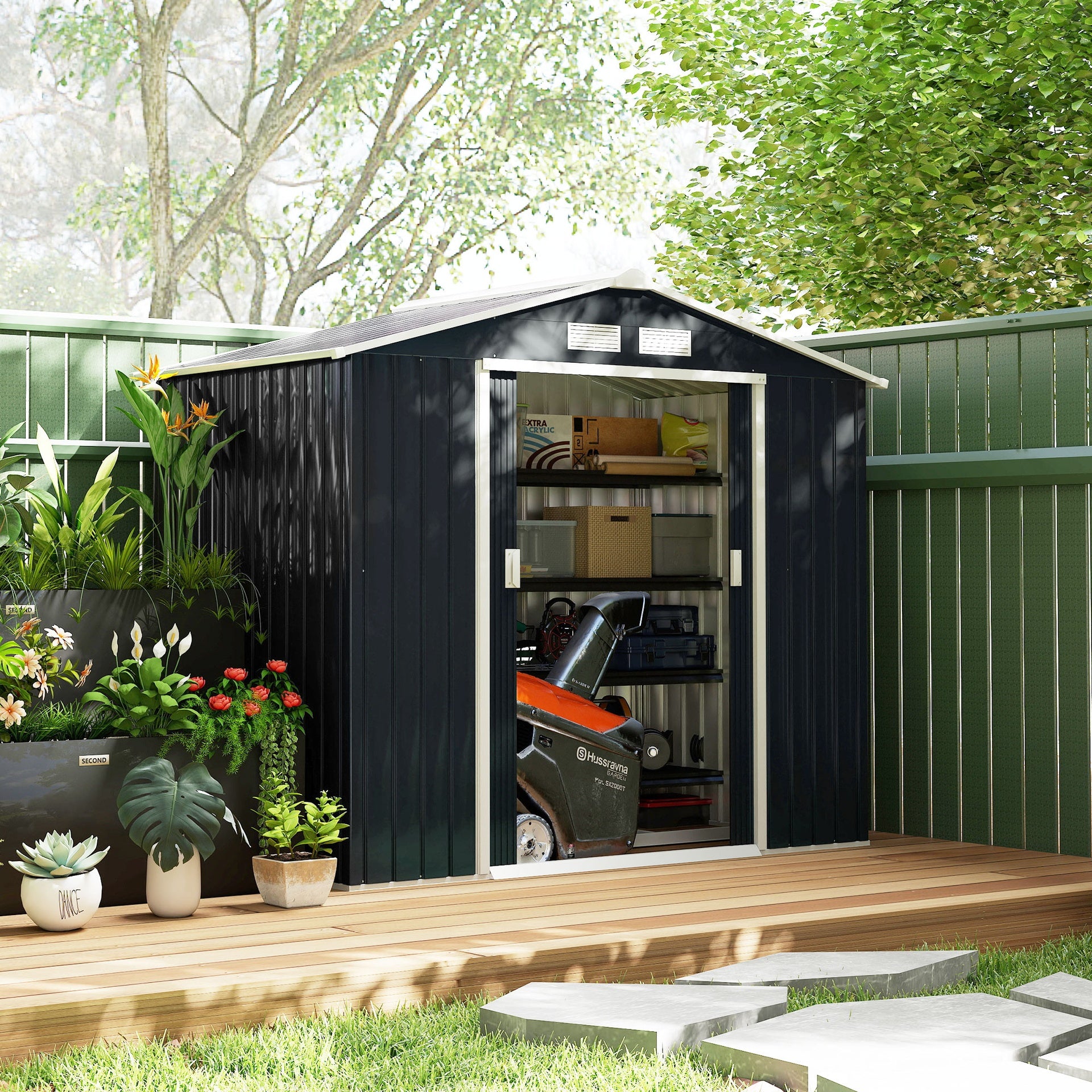 Outsunny 7'x4' Metal Outdoor Shed Organizer & Garden Storage with 4 Vents for Airflow & 2 Easy Sliding Doors - Dark Gray