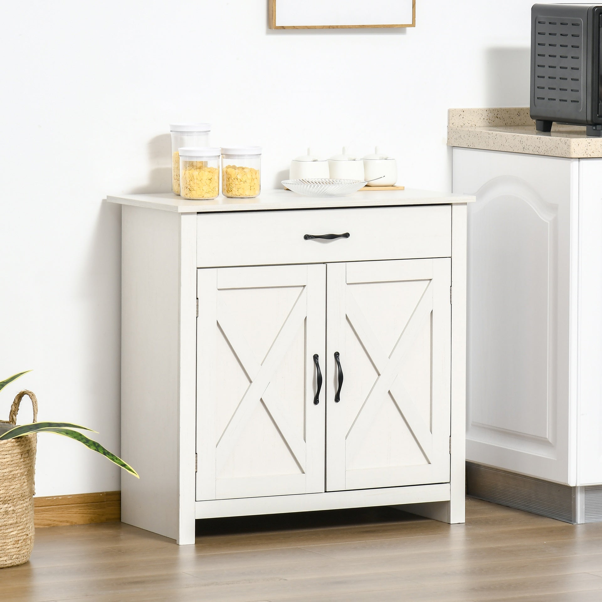 HOMCOM Farmhouse Sideboard Cabinet with Barn Doors Kitchen Buffet Cabinet with Drawer and Adjustable Shelf Stone White Wash