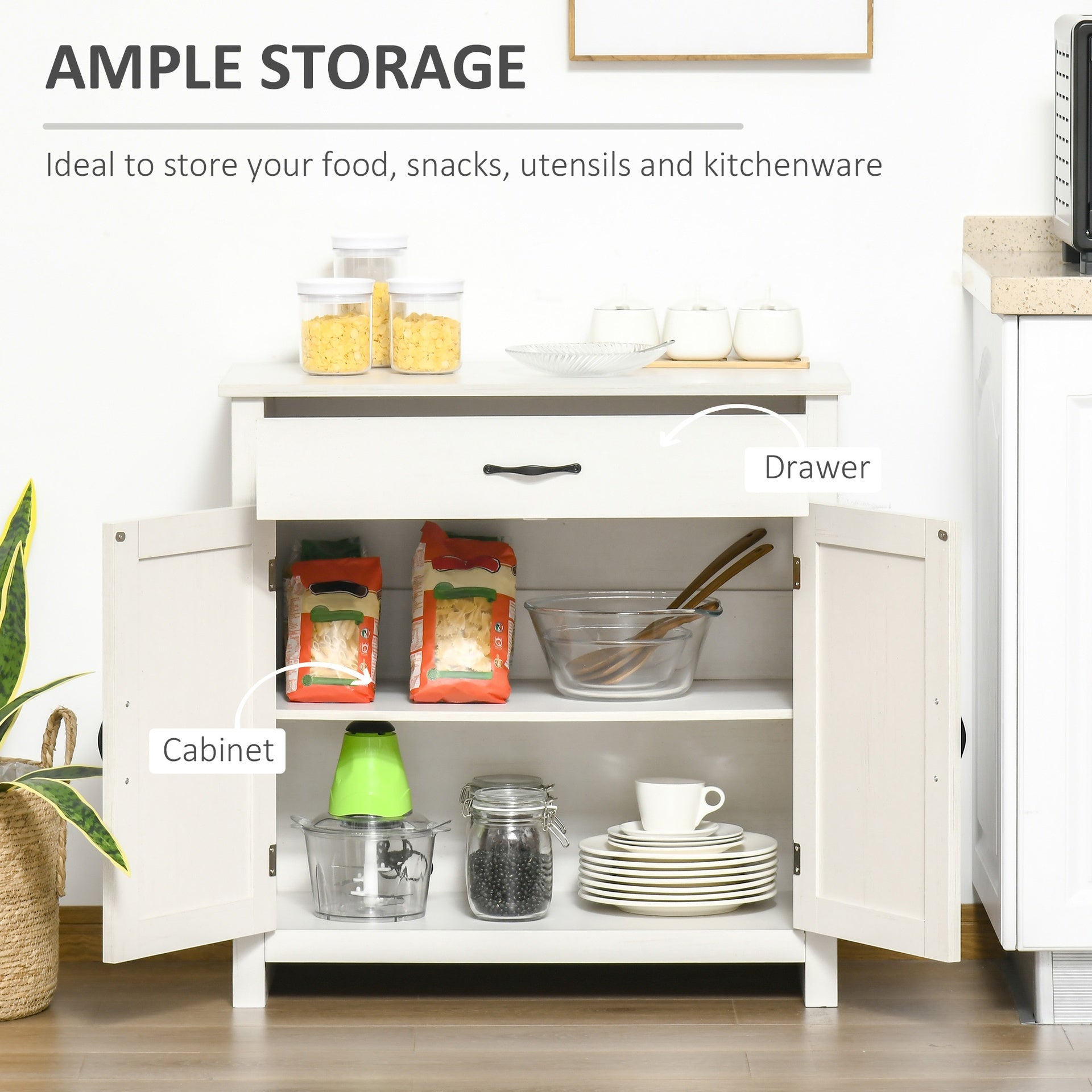 HOMCOM Farmhouse Sideboard Cabinet with Barn Doors Kitchen Buffet Cabinet with Drawer and Adjustable Shelf Stone White Wash