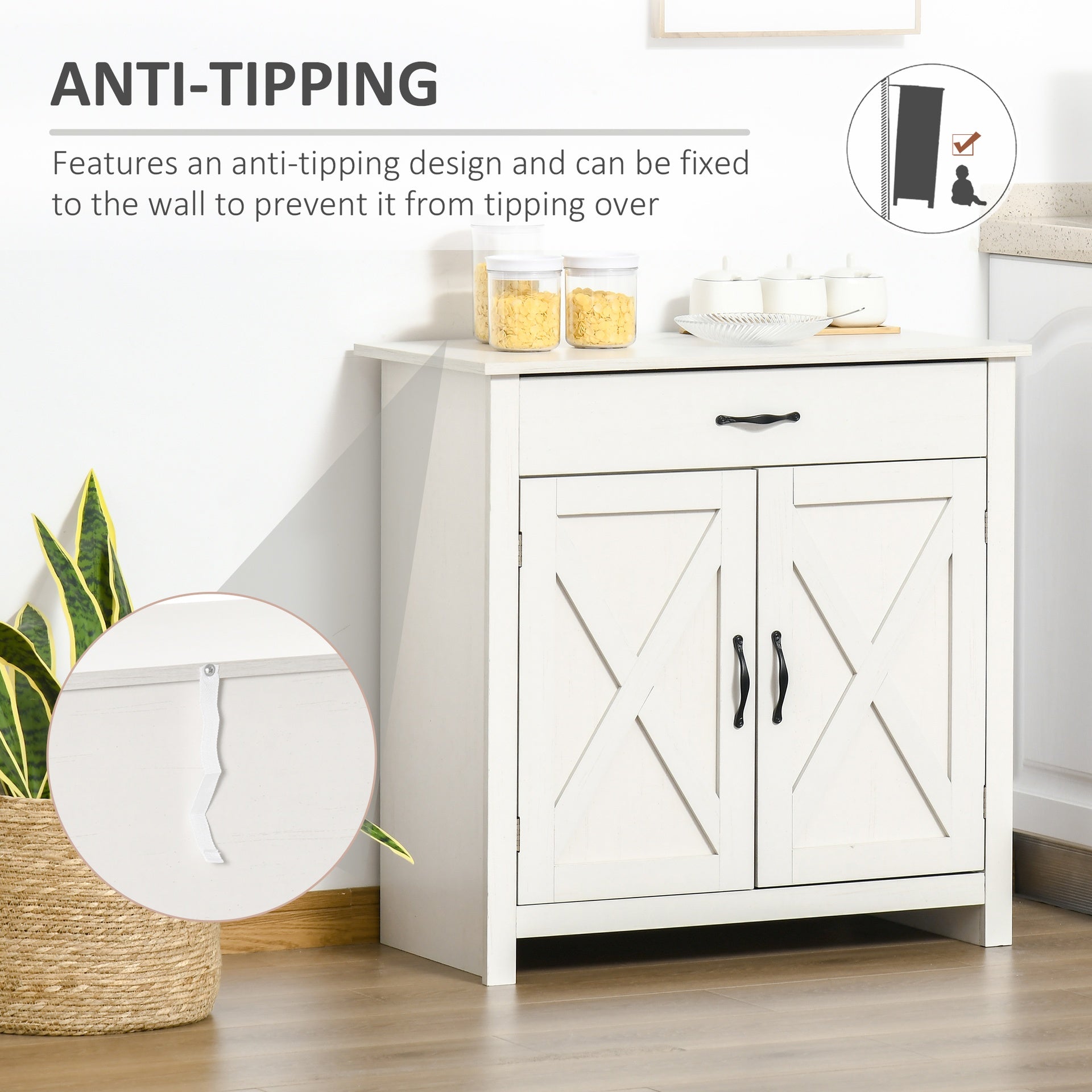HOMCOM Farmhouse Sideboard Cabinet with Barn Doors Kitchen Buffet Cabinet with Drawer and Adjustable Shelf Stone White Wash
