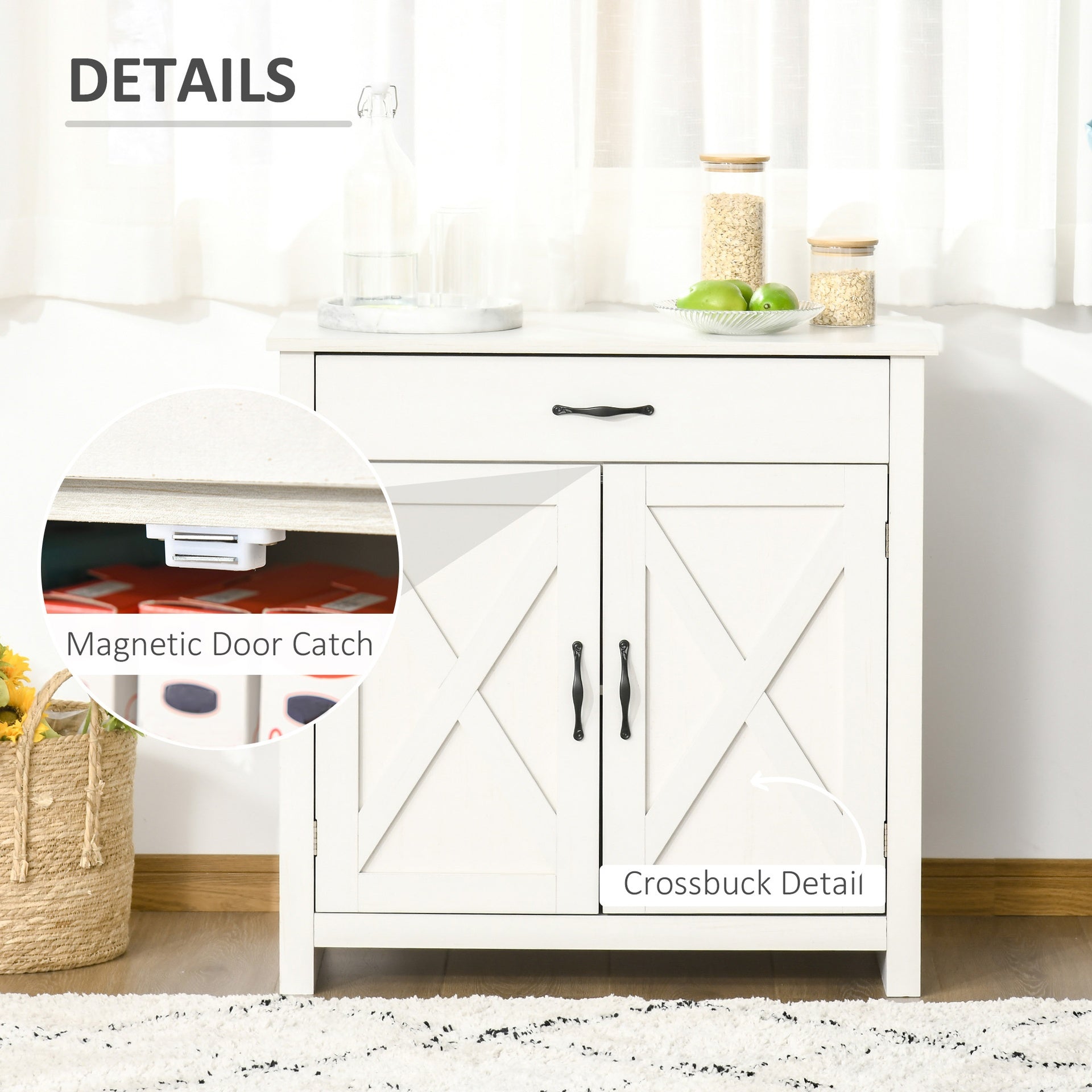 HOMCOM Farmhouse Sideboard Cabinet with Barn Doors Kitchen Buffet Cabinet with Drawer and Adjustable Shelf Stone White Wash