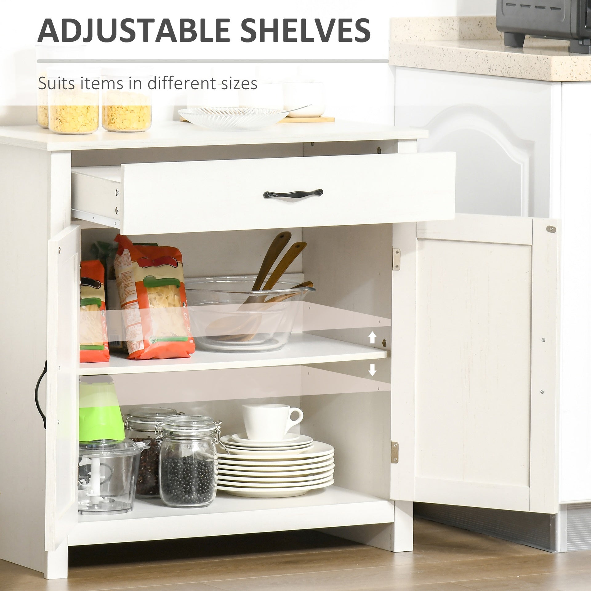 HOMCOM Farmhouse Sideboard Cabinet with Barn Doors Kitchen Buffet Cabinet with Drawer and Adjustable Shelf Stone White Wash