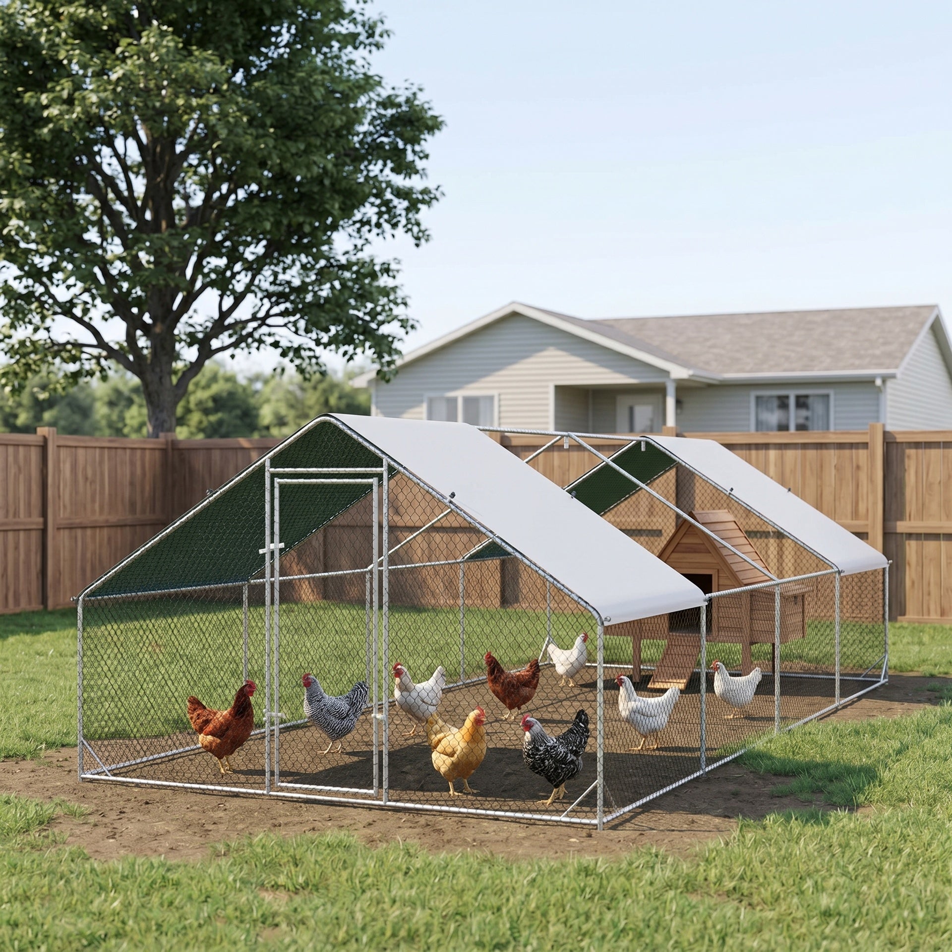 PawHut Large Chicken Coop Metal Chicken Run with Waterproof and Anti-UV Cover, Spire Shaped Walk in Fence Cage Hen House for Outdoor and Yard Farm Use, 1" Tube Diameter, 9.8' x 26.2' x 6.6'