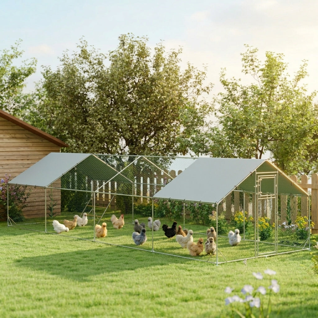 PawHut Large Chicken Coop Metal Chicken Run with Waterproof and Anti-UV Cover, Spire Shaped Walk in Fence Cage Hen House for Outdoor and Yard Farm Use, 1" Tube Diameter, 9.8' x 26.2' x 6.6'