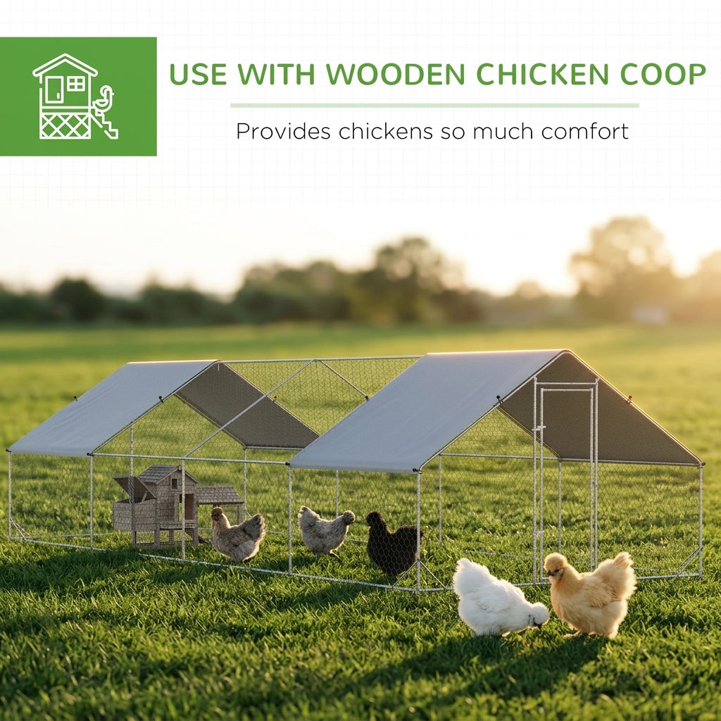 PawHut Large Chicken Coop Metal Chicken Run with Waterproof and Anti-UV Cover, Spire Shaped Walk in Fence Cage Hen House for Outdoor and Yard Farm Use, 1" Tube Diameter, 9.8' x 26.2' x 6.6'