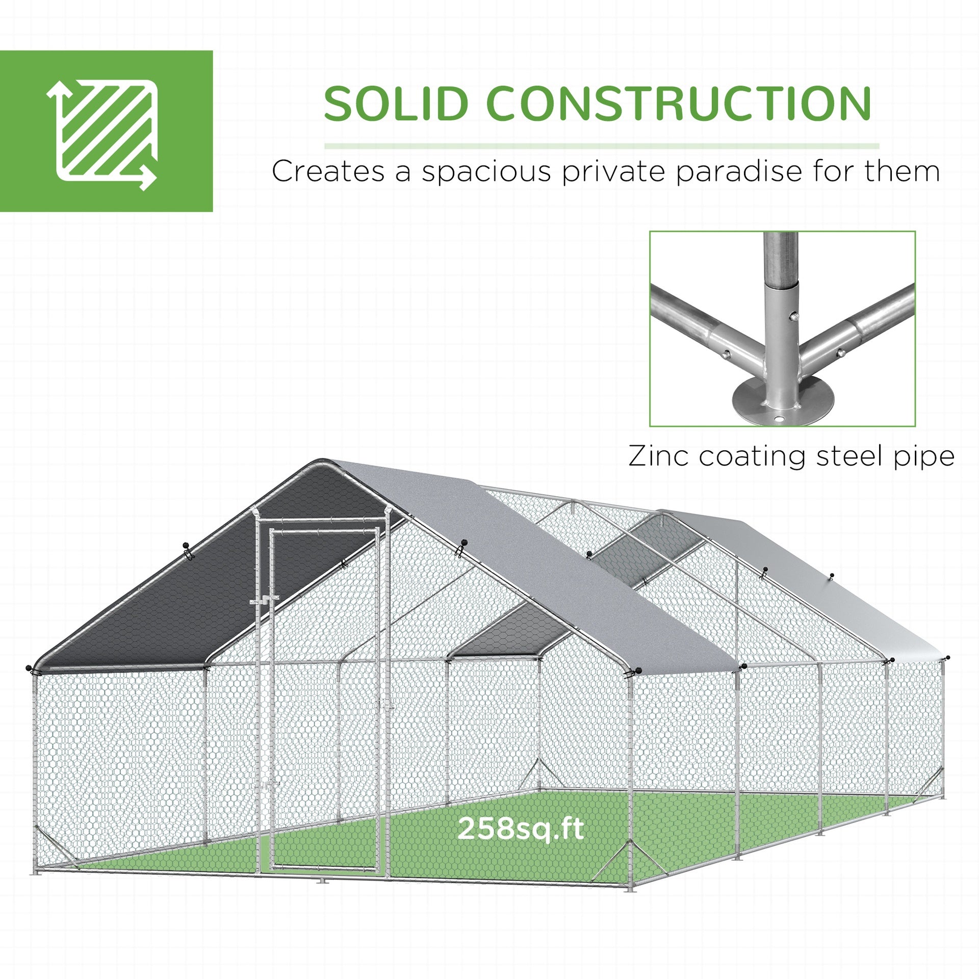 PawHut Large Chicken Coop Metal Chicken Run with Waterproof and Anti-UV Cover, Spire Shaped Walk in Fence Cage Hen House for Outdoor and Yard Farm Use, 1" Tube Diameter, 9.8' x 26.2' x 6.6'