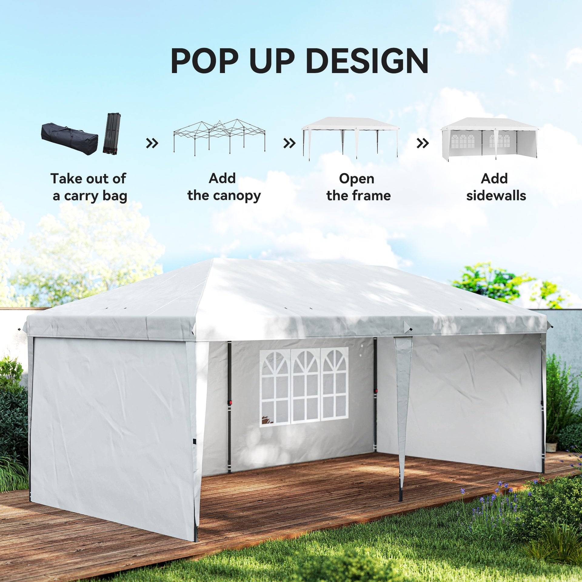 Outsunny 10' x 20' Pop Up Canopy Tent with 4 Sidewalls, Instant Gazebo with Carry Bag for Garden, Patio, White