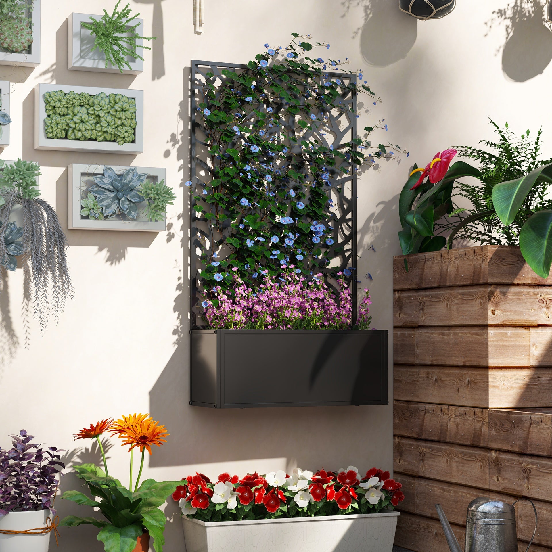 Outsunny Metal Garden Bed with Trellis for Climbing Plants, Freestanding or Wall Mounted Flower Bed for Garden, Patio, Balcony