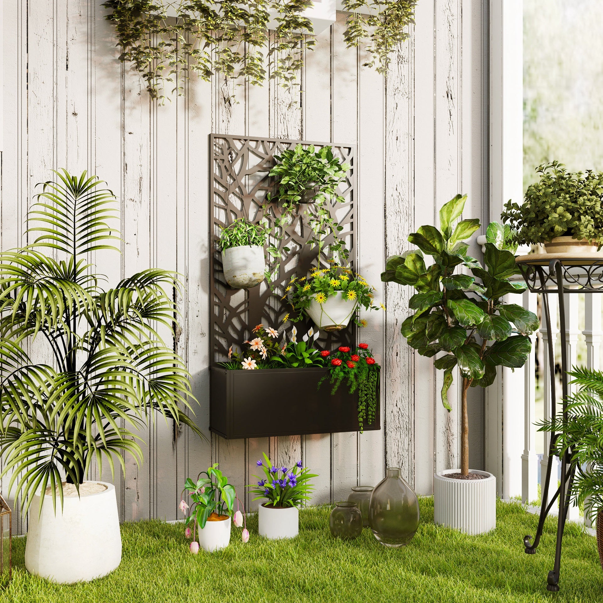Outsunny Metal Garden Bed with Trellis for Climbing Plants, Freestanding or Wall Mounted Flower Bed for Garden, Patio, Balcony