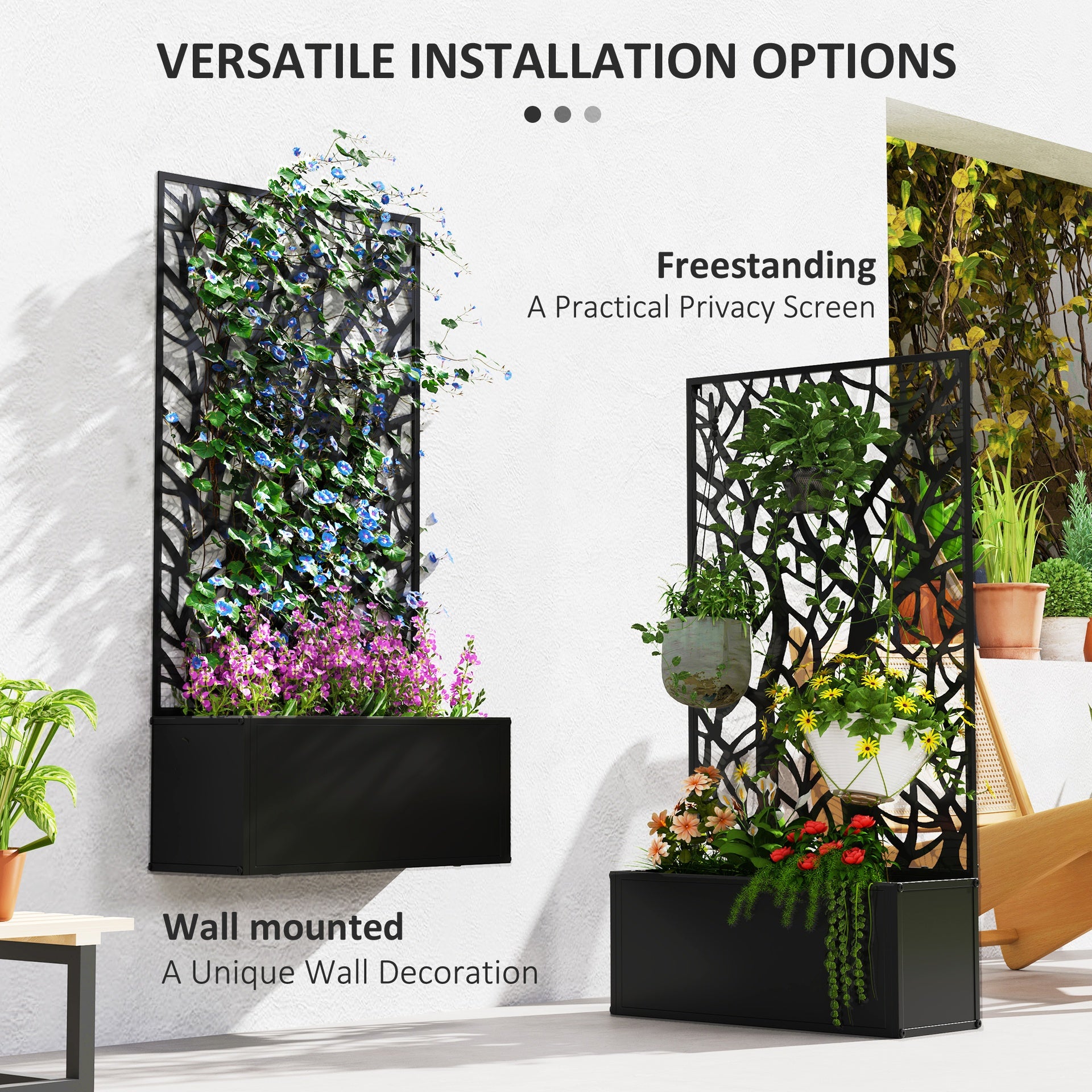 Outsunny Metal Garden Bed with Trellis for Climbing Plants, Freestanding or Wall Mounted Flower Bed for Garden, Patio, Balcony