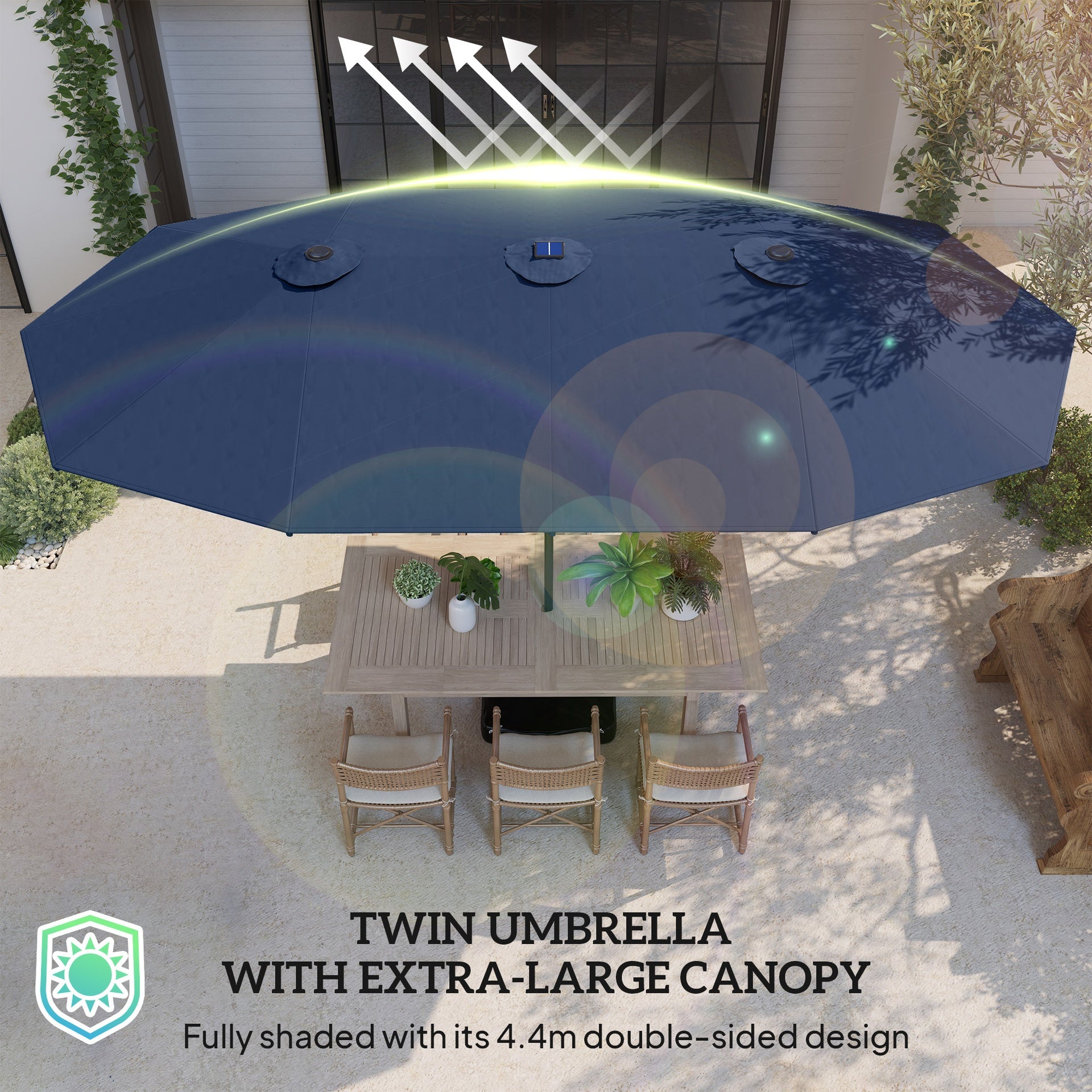 Outsunny Garden Parasol 14.4ft Double-Sided Sun Umbrella with Base, Patio Parasol with LED Solar Lights, Navy Blue