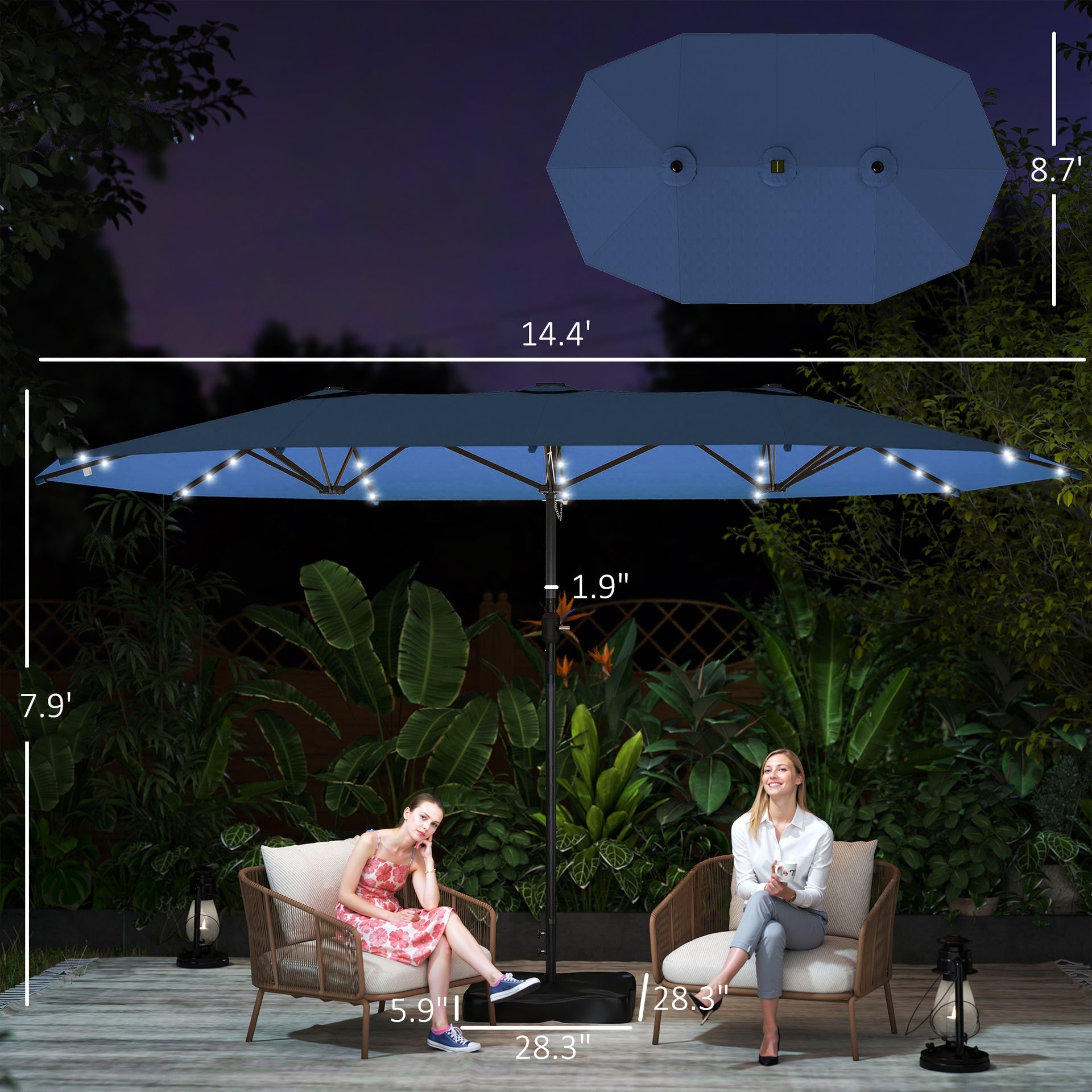 Outsunny Garden Parasol 14.4ft Double-Sided Sun Umbrella with Base, Patio Parasol with LED Solar Lights, Navy Blue