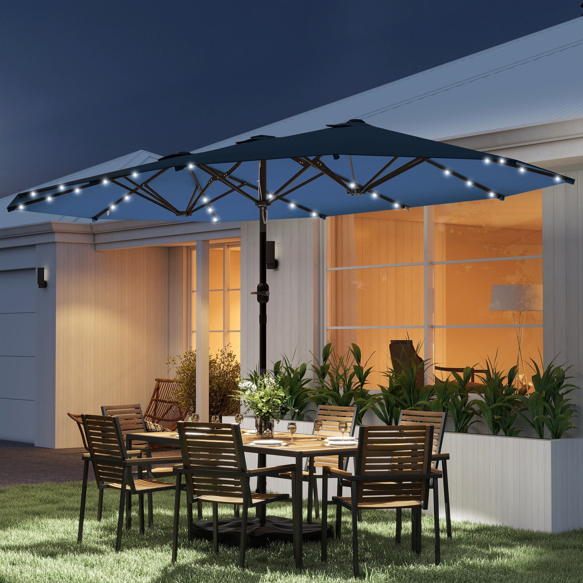 Outsunny Garden Parasol 14.4ft Double-Sided Sun Umbrella with Base, Patio Parasol with LED Solar Lights, Navy Blue