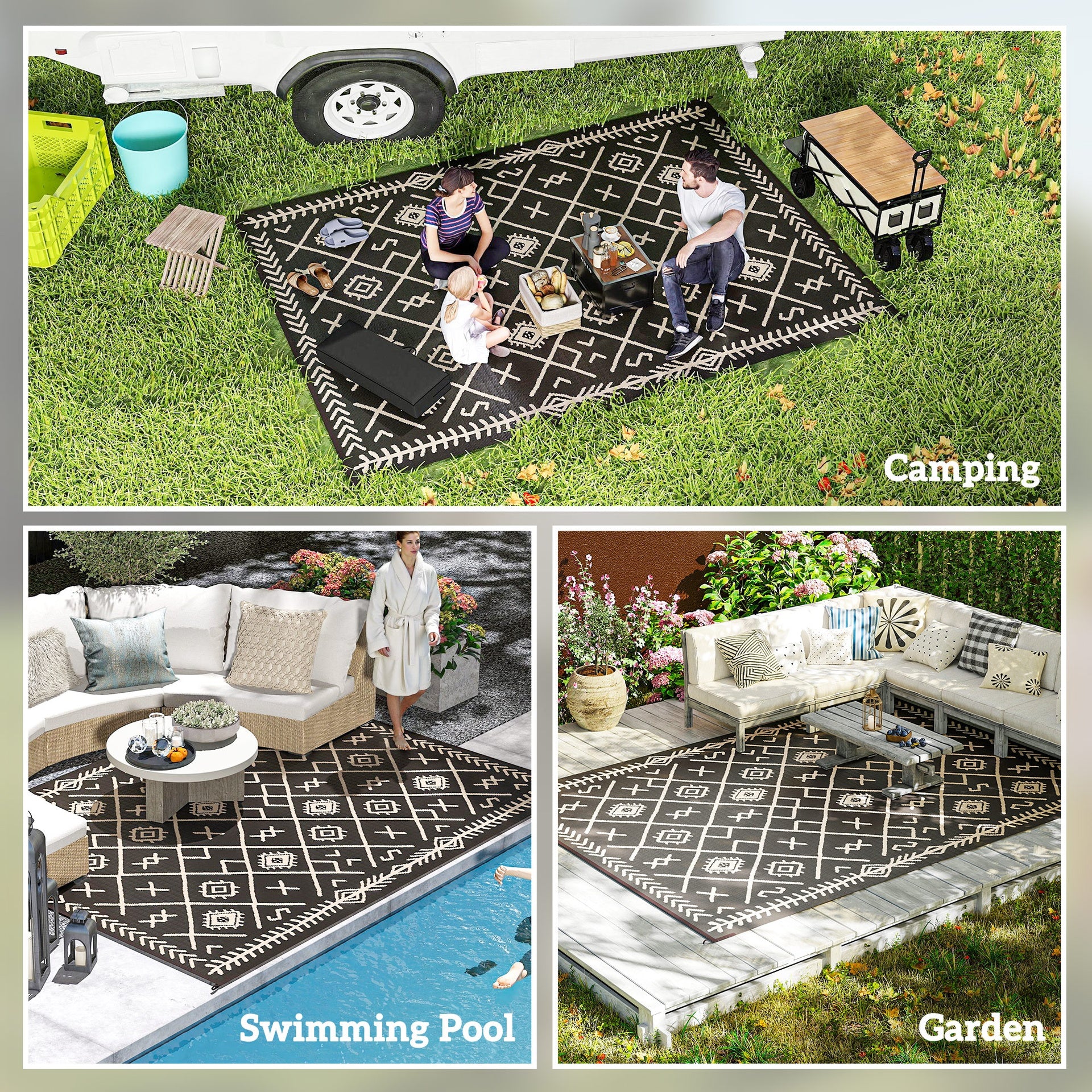 Outsunny Reversible Outdoor Rug, Waterproof Plastic Straw with Carry Bag, 9' x 12', Black & Beige Rhombus