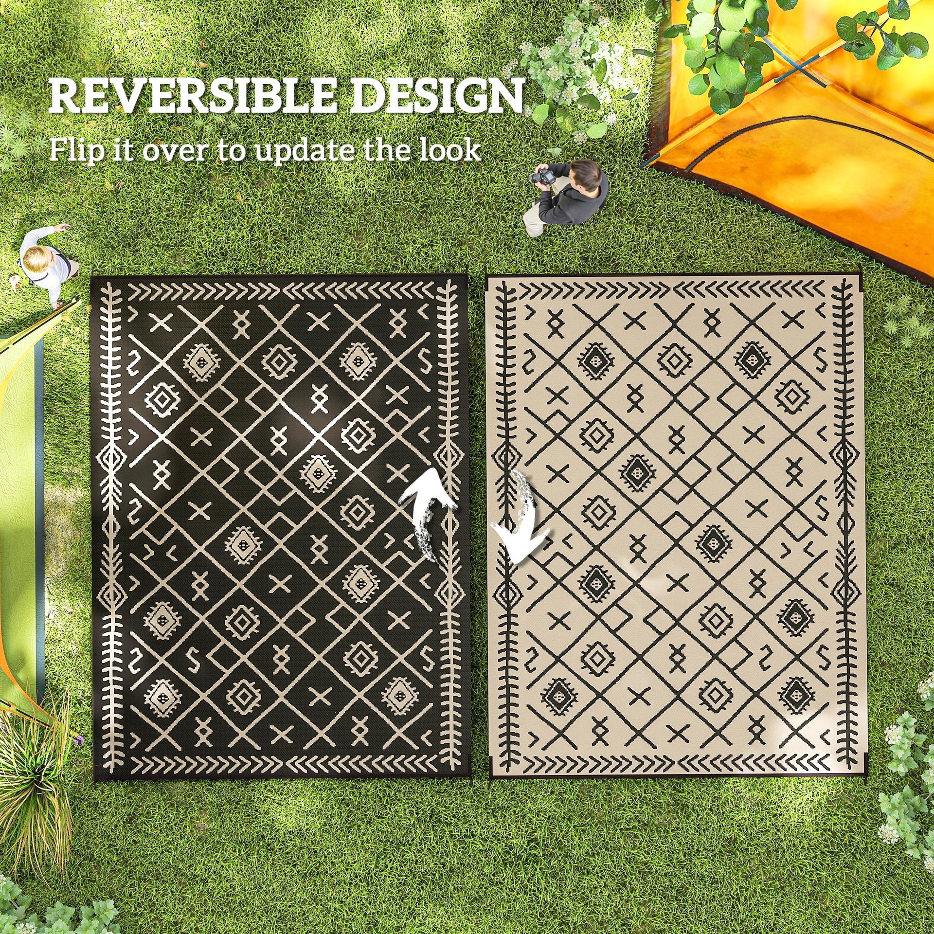 Outsunny Reversible Outdoor Rug, Waterproof Plastic Straw with Carry Bag, 9' x 12', Black & Beige Rhombus