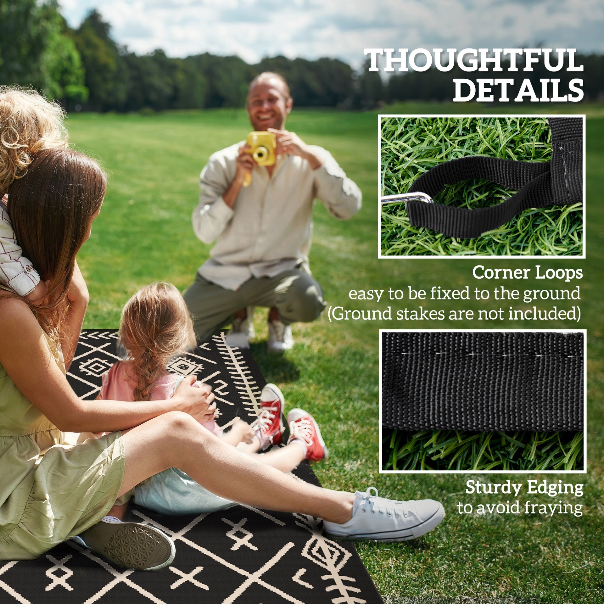 Outsunny Reversible Outdoor Rug, Waterproof Plastic Straw with Carry Bag, 9' x 12', Black & Beige Rhombus