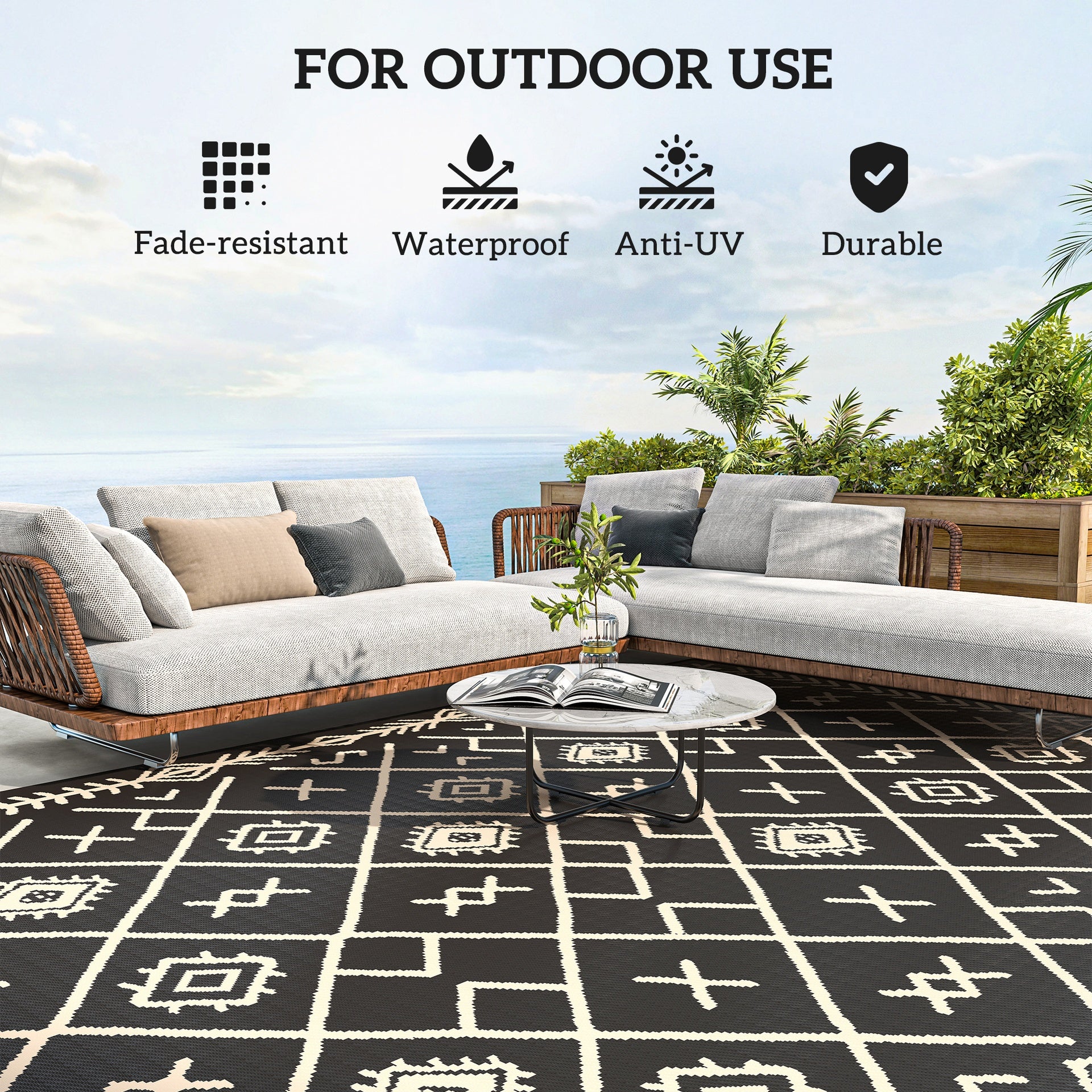 Outsunny Reversible Outdoor Rug, Waterproof Plastic Straw with Carry Bag, 9' x 12', Black & Beige Rhombus