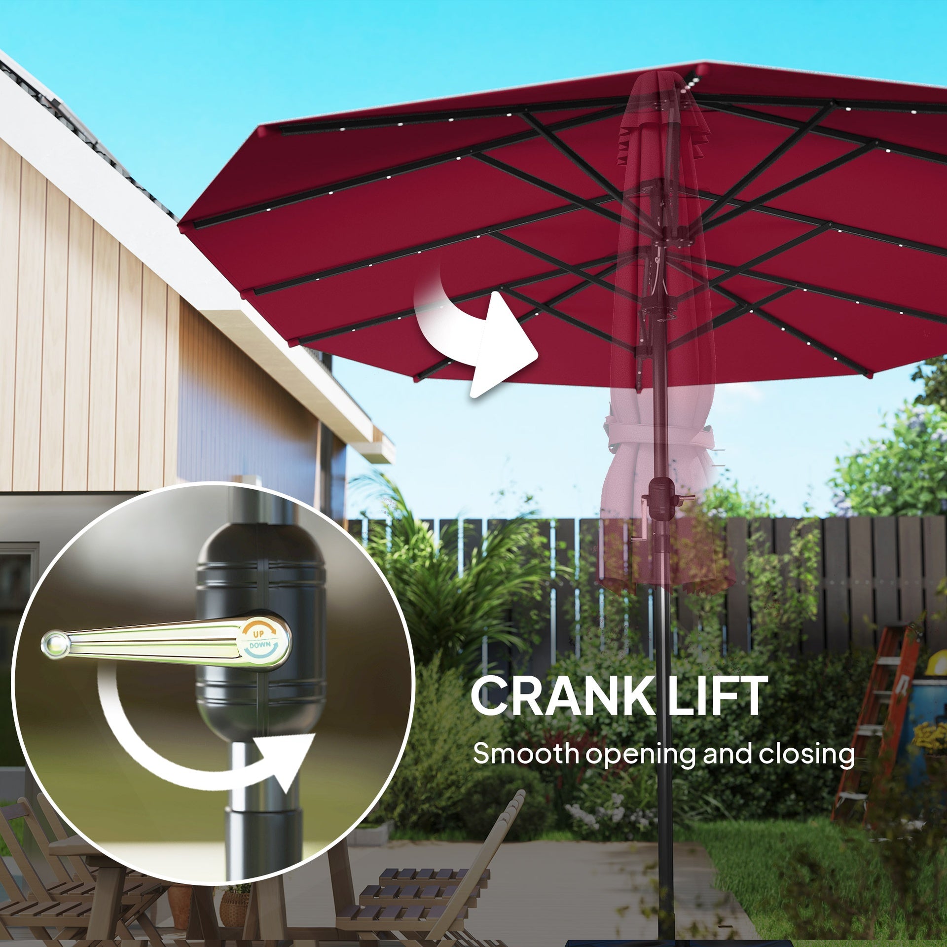 Outsunny Garden Parasol, Double-Sided Sun Umbrella with LED Solar Lights, Patio Parasol for Outdoor, Wine Red