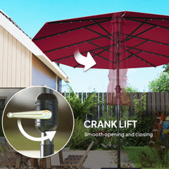 Outsunny Garden Parasol, Double-Sided Sun Umbrella with LED Solar Lights, Patio Parasol for Outdoor, Wine Red