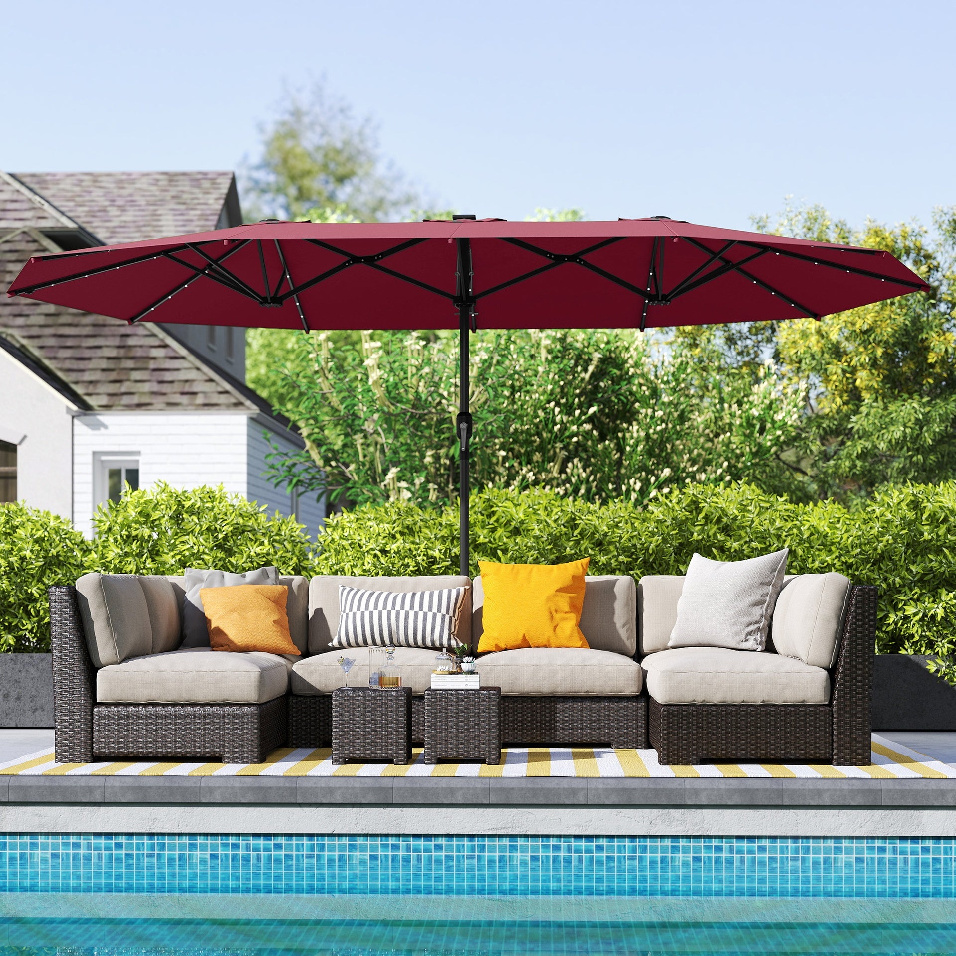 Outsunny Garden Parasol, Double-Sided Sun Umbrella with LED Solar Lights, Patio Parasol for Outdoor, Wine Red