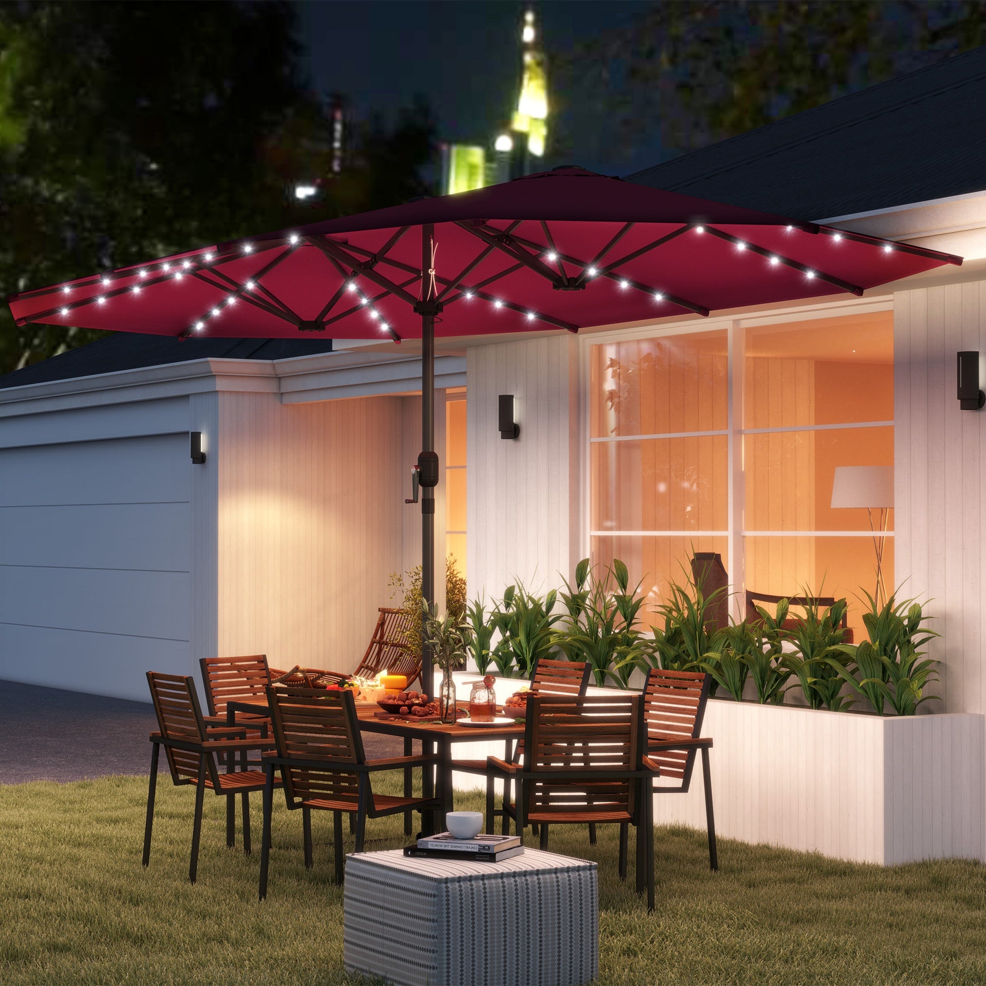 Outsunny Garden Parasol, Double-Sided Sun Umbrella with LED Solar Lights, Patio Parasol for Outdoor, Wine Red