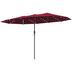 Outsunny Garden Parasol, Double-Sided Sun Umbrella with LED Solar Lights, Patio Parasol for Outdoor, Wine Red