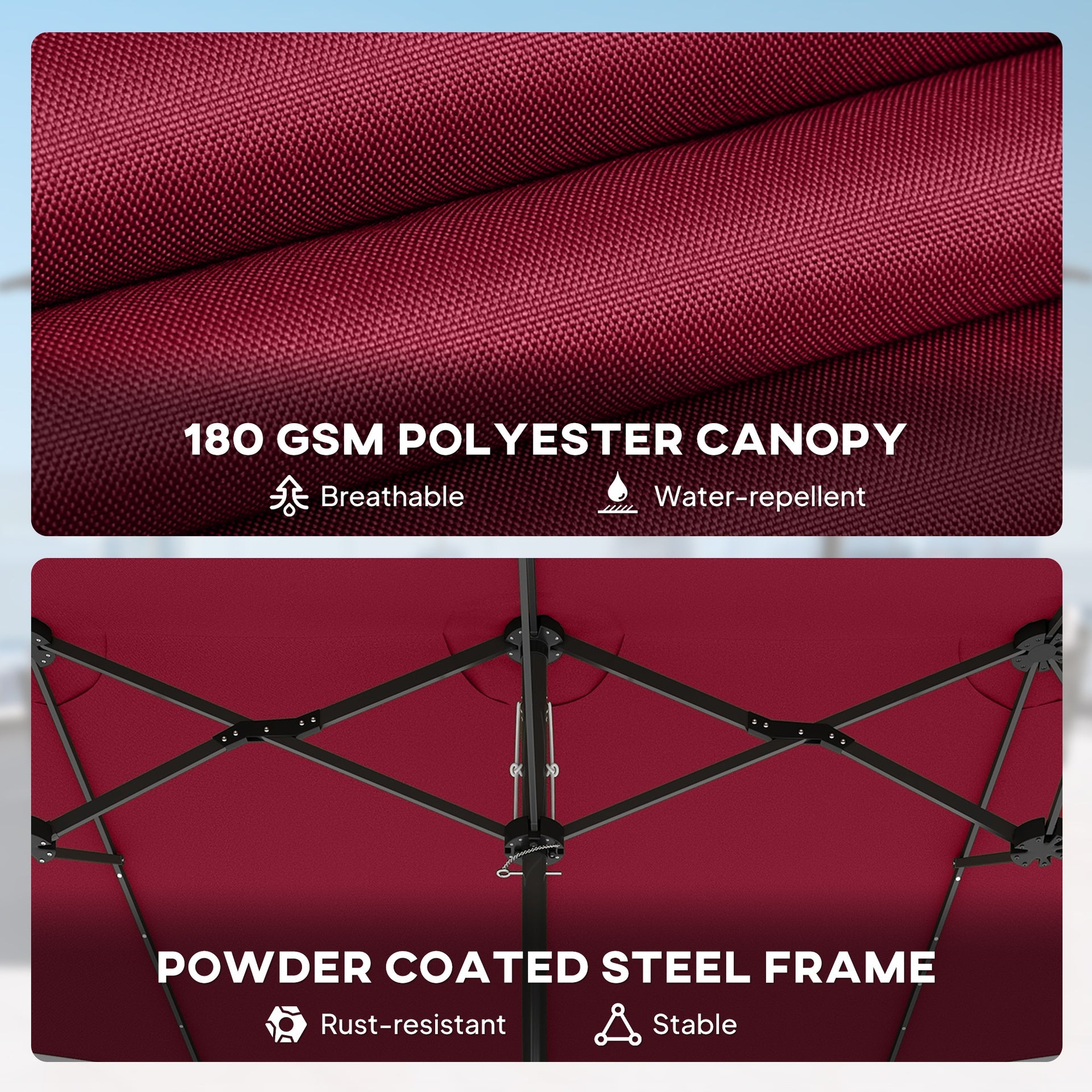 Outsunny Garden Parasol, Double-Sided Sun Umbrella with LED Solar Lights, Patio Parasol for Outdoor, Wine Red