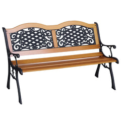Outsunny 50" Outdoor Garden Bench, Park Patio Bench Loveseat, Wood & Metal Frame with Plastic Flourish Backrest, Natural Wood