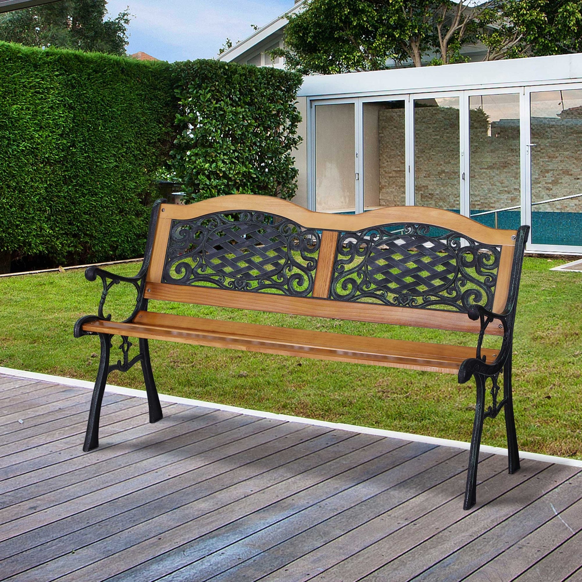 Outsunny 50" Outdoor Garden Bench, Park Patio Bench Loveseat, Wood & Metal Frame with Plastic Flourish Backrest, Natural Wood