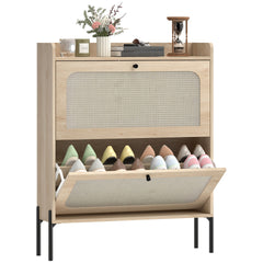 HOMCOM Shoe Cabinet with 2 Flip Drawers, Boho Narrow Shoe Storage Cabinet, Oak