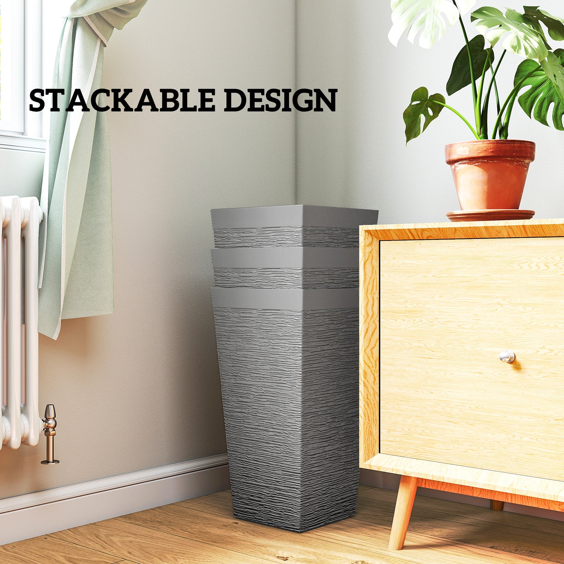 Outsunny 22.8 Inch Set of 3 Outdoor Planters with Stone Finish and Wheels, Stackable Tapered Planters with Drainage Hole, Gray
